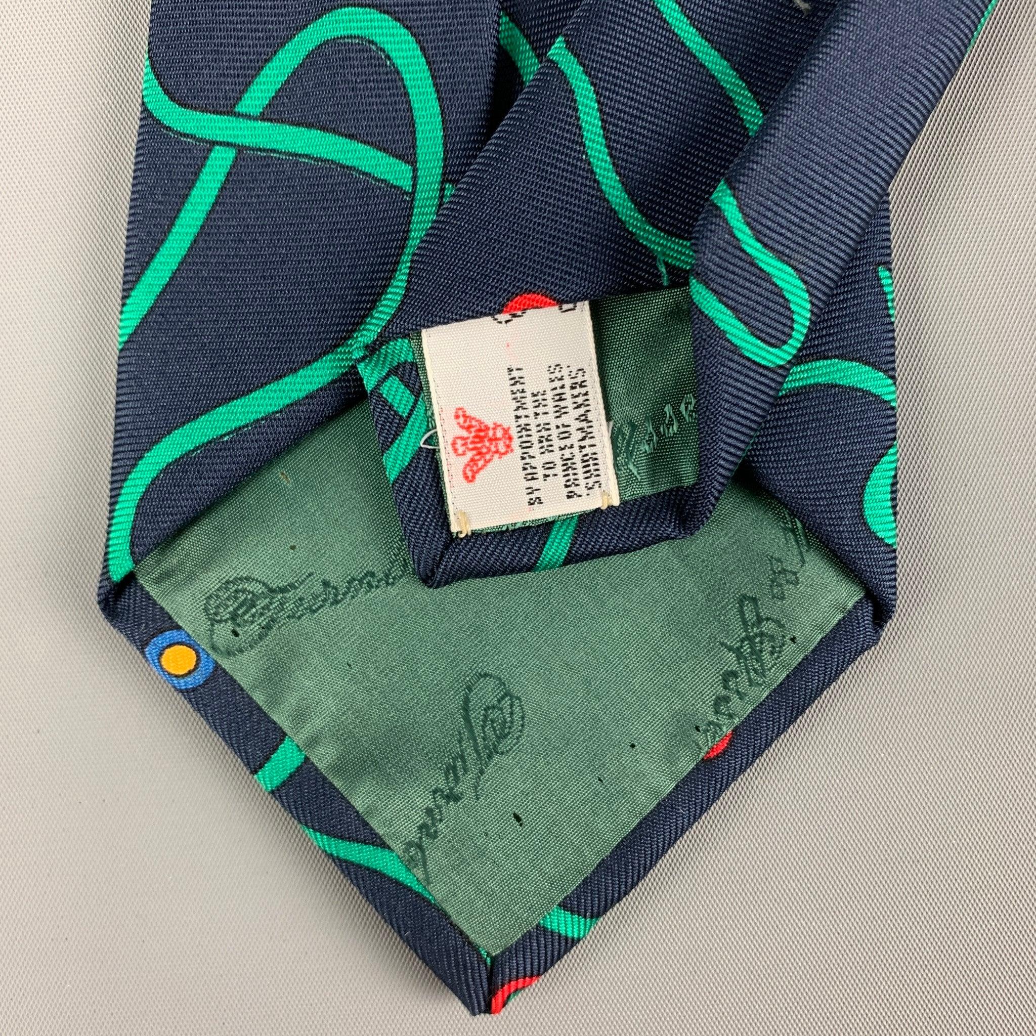 TURNBULL & ASSER Navy Green Snake Print Silk Tie In Good Condition In San Francisco, CA
