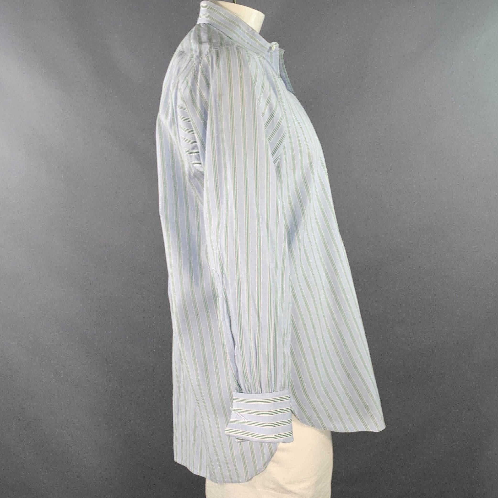 TURNBULL & ASSER Größe L Blau-Grün gestreiftes Langarmhemd aus Baumwolle mit französischer Manschette (Grau) im Angebot