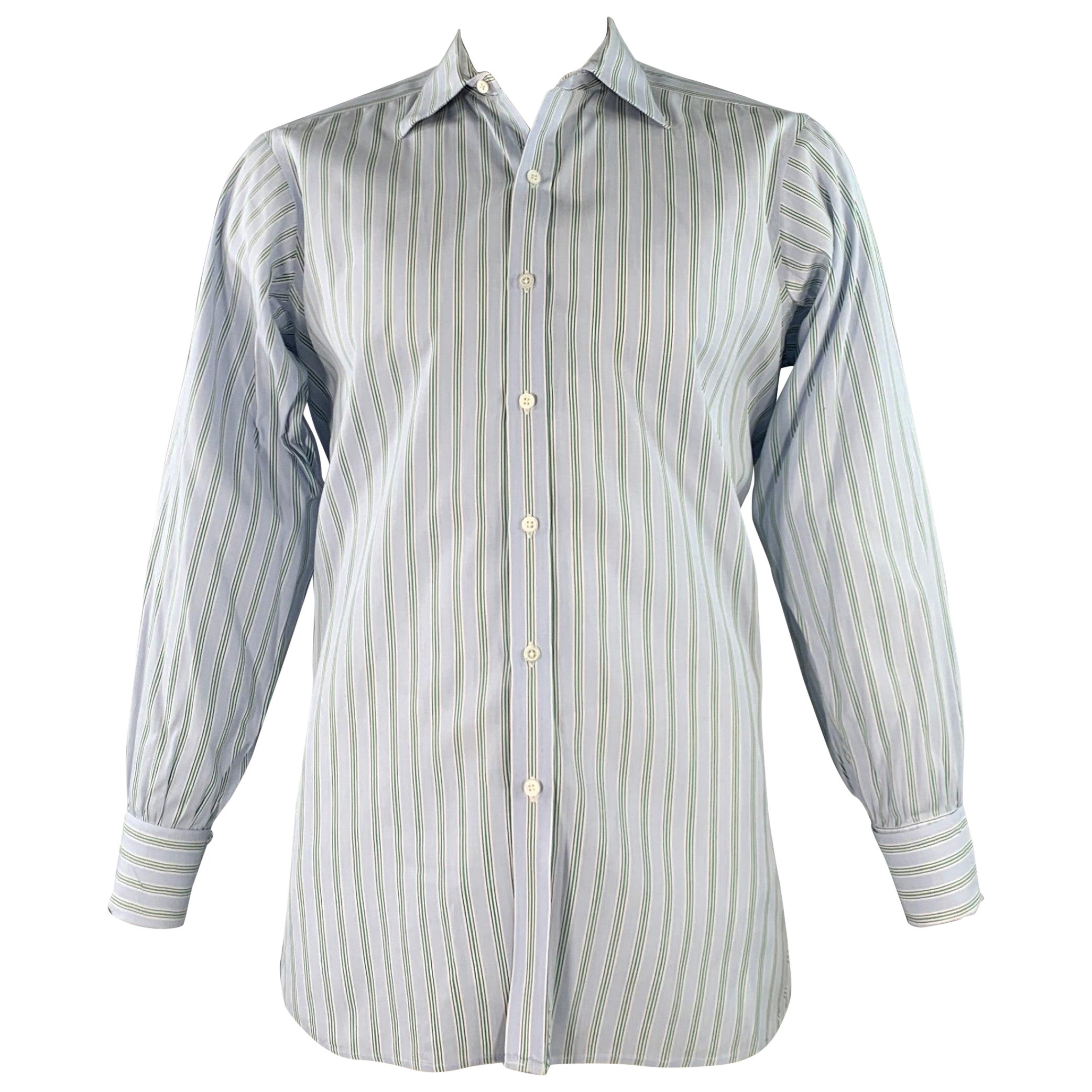 Turnbull & Asser Taglia L Camicia a maniche lunghe in cotone a righe blu e verde con polsini alla francese