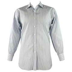 TURNBULL & ASSER Talla L Camisa de manga larga con puños franceses de algodón a rayas azul y verde