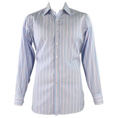 TURNBULL & ASSER Talla L Camisa de manga larga con puños franceses de algodón a rayas azul rosa