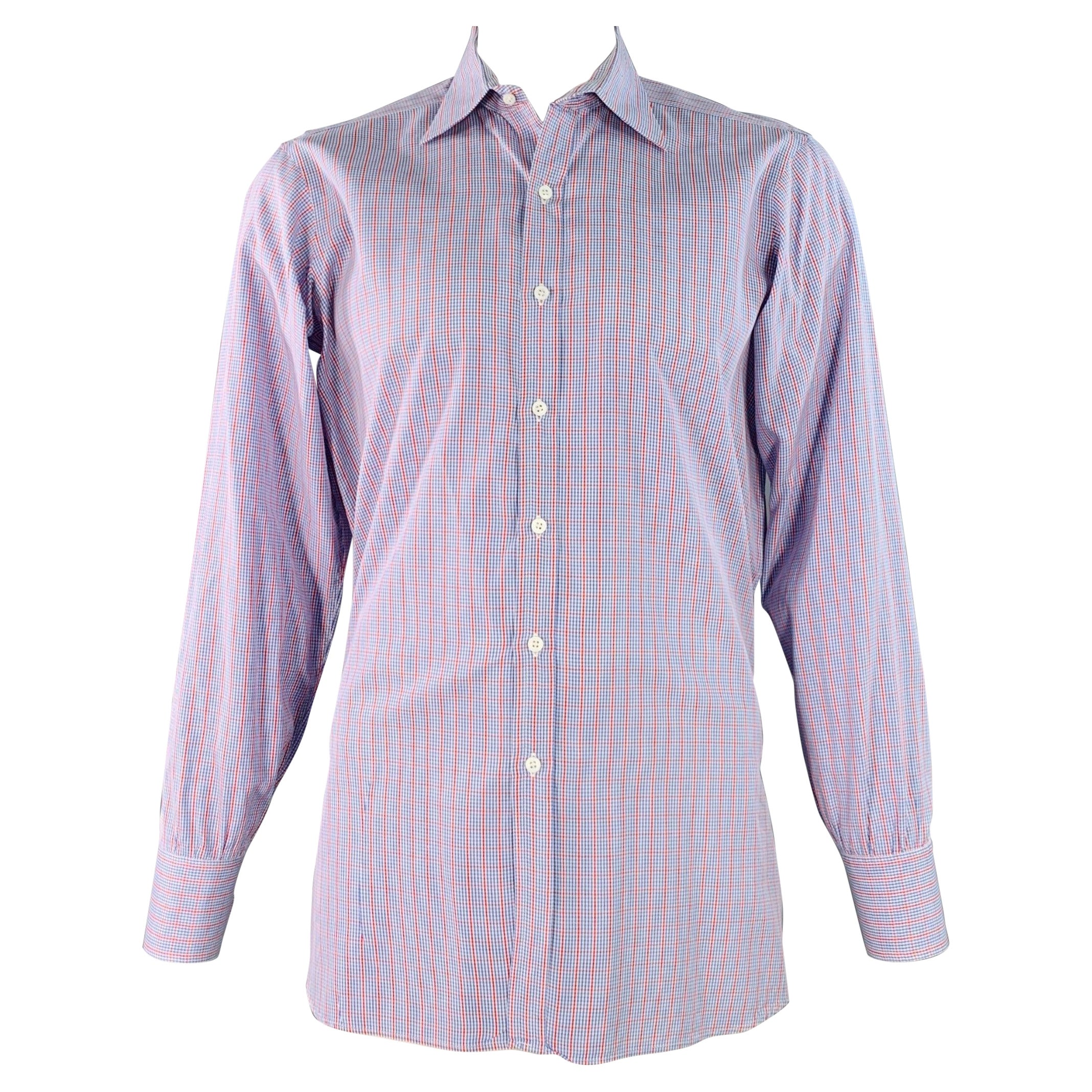 TURNBULL & ASSER Talla L Camisa de Manga Larga de Algodón a Cuadros Rojo Azul