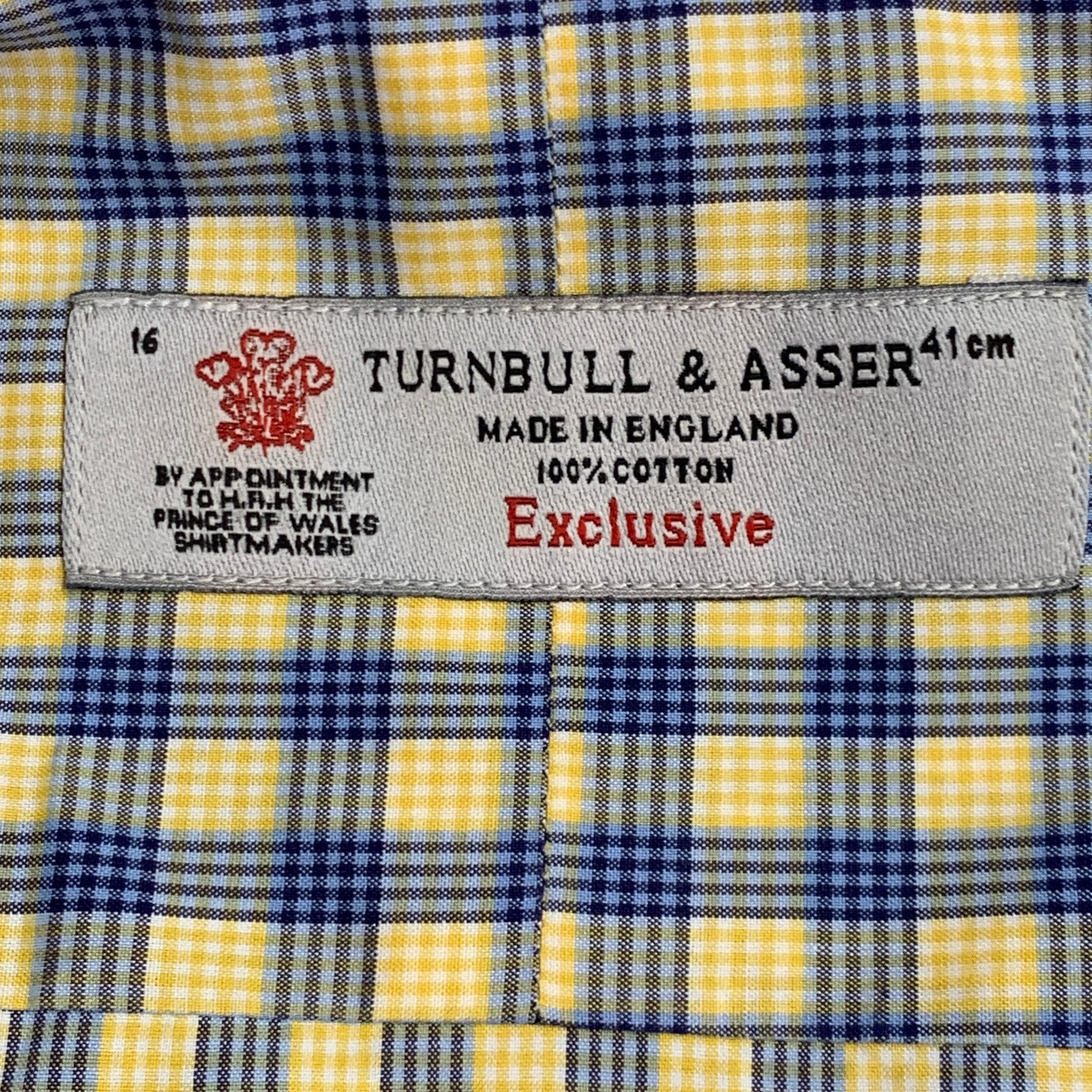 Uomo Turnbull & Asser Taglia L Camicia a maniche lunghe in cotone a scacchi blu e gialla in vendita