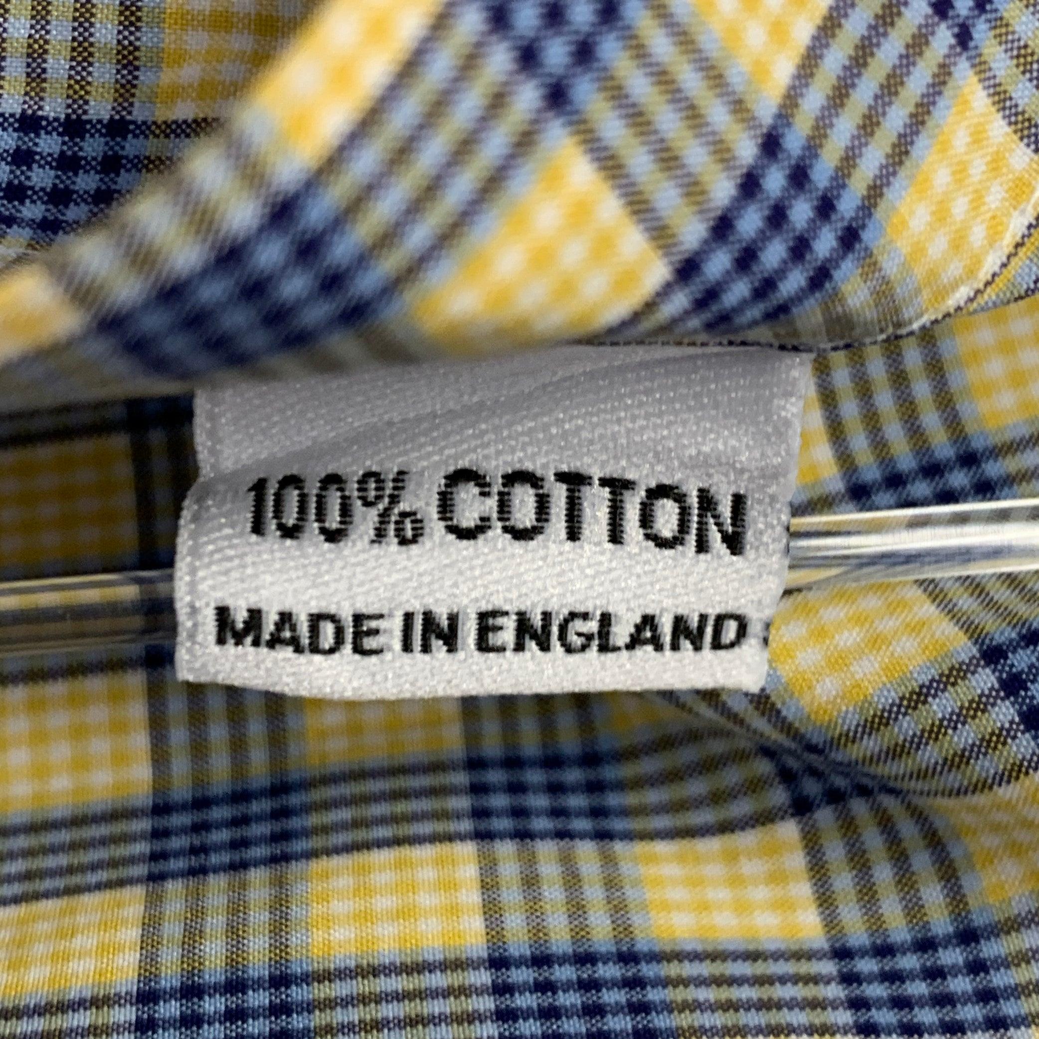 Turnbull & Asser Taglia L Camicia a maniche lunghe in cotone a scacchi blu e gialla in vendita 1