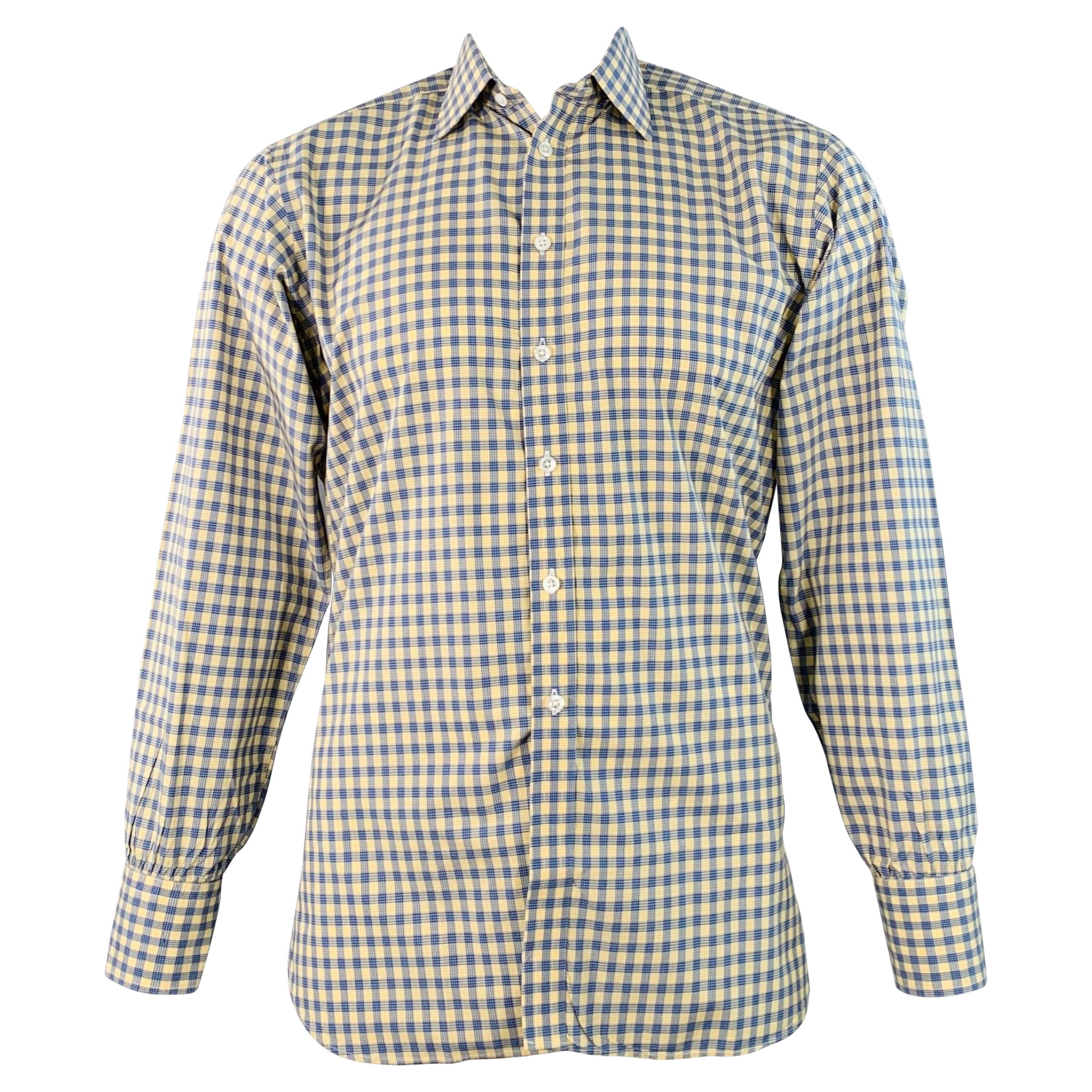 Turnbull & Asser Taglia L Camicia a maniche lunghe in cotone a scacchi blu e gialla
