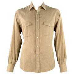 TURNBULL & ASSER Talla XL Camisa de manga larga de algodón en espiga beige y 2 bolsillos