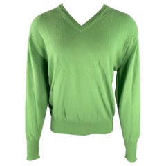 TURNBULL & ASSER Size XL Green Knitted Cashmere V-Neck Sweater