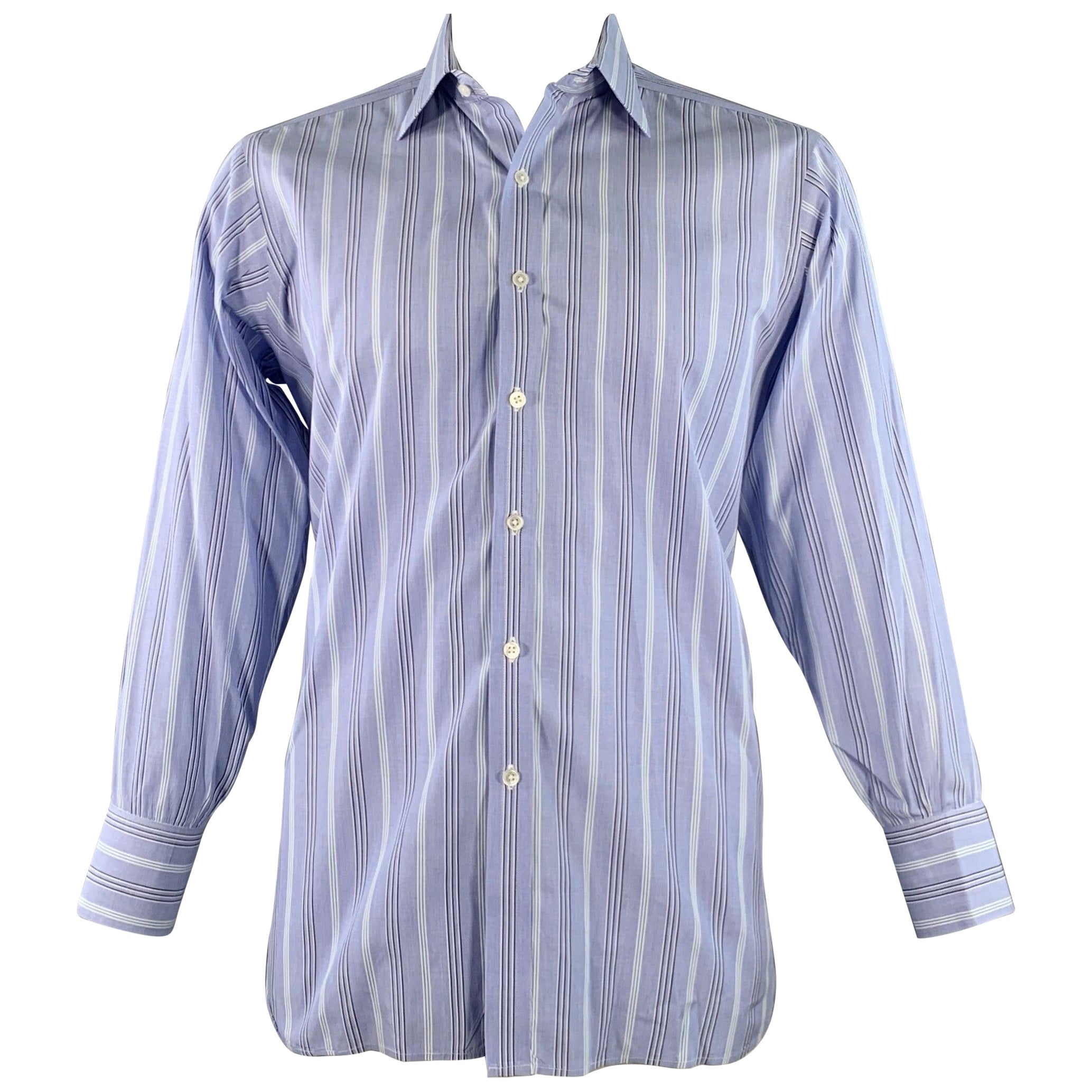 TURNBULL & ASSER Vintage Size L Blue Navy White Stripe Cotton Long Sleeve Shirt