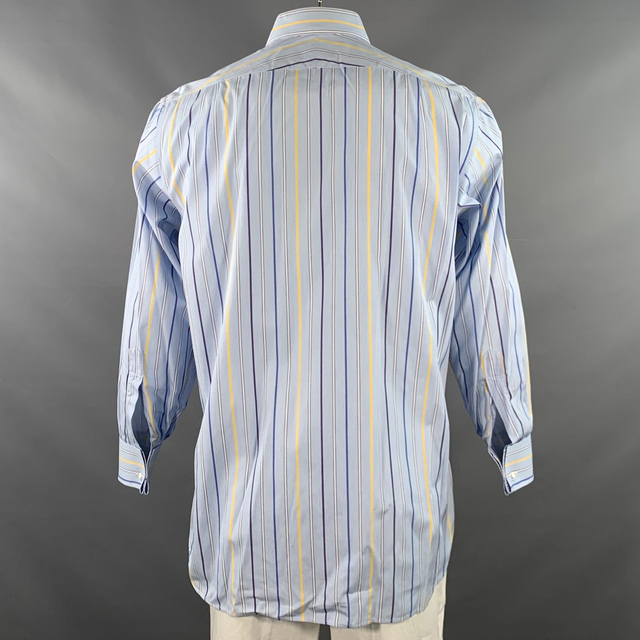 TURNBULL & ASSER Vintage Größe L Blau-Marine-Gelb gestreift Baumwolle Französisch Manschette Langarmhemd im Zustand „Hervorragend“ im Angebot in San Francisco, CA