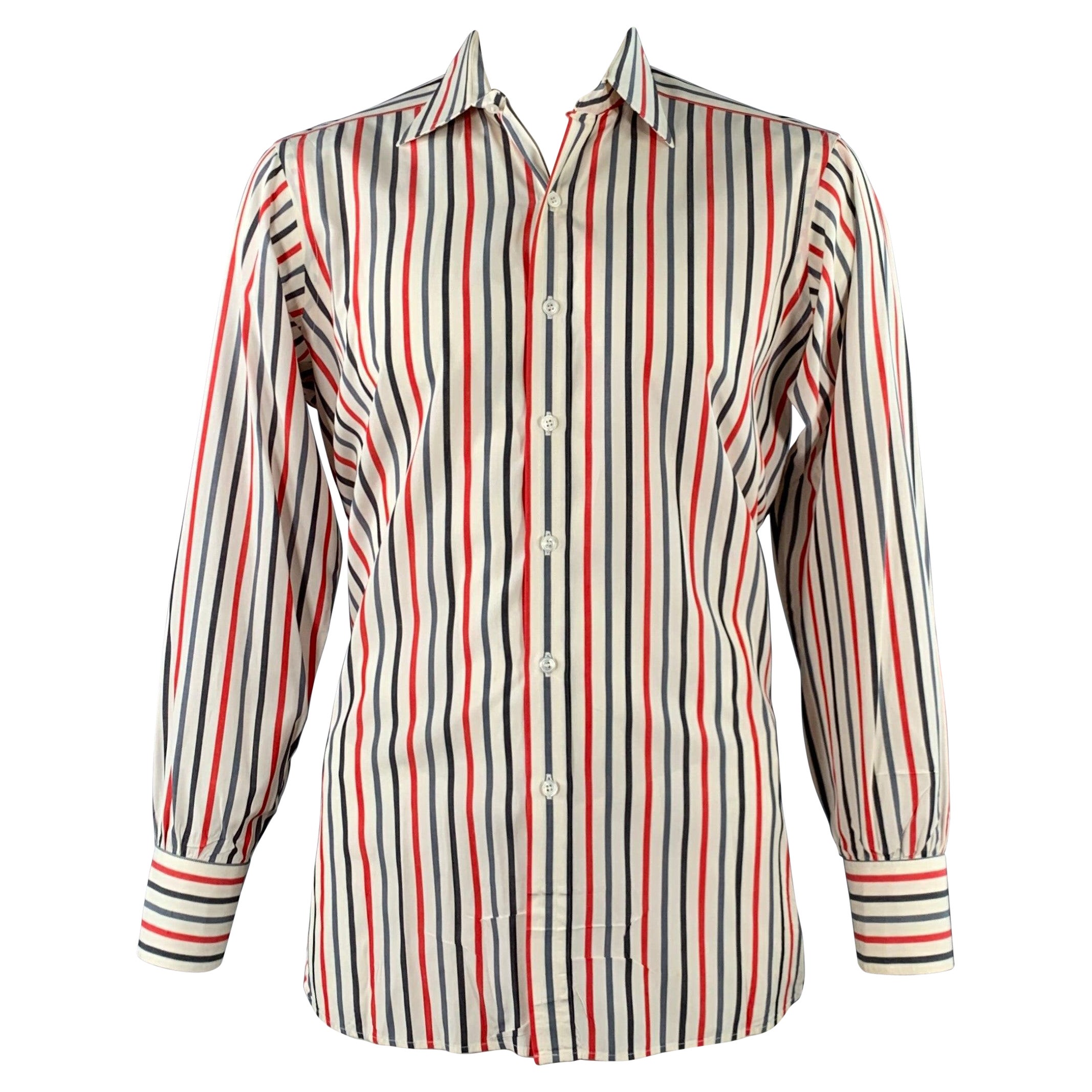 TURNBULL & ASSER Vintage Size L White Blue Red Stripe Cotton Long Sleeve Shirt (Chemise à manches longues en coton à rayures blanches, bleues et rouges)