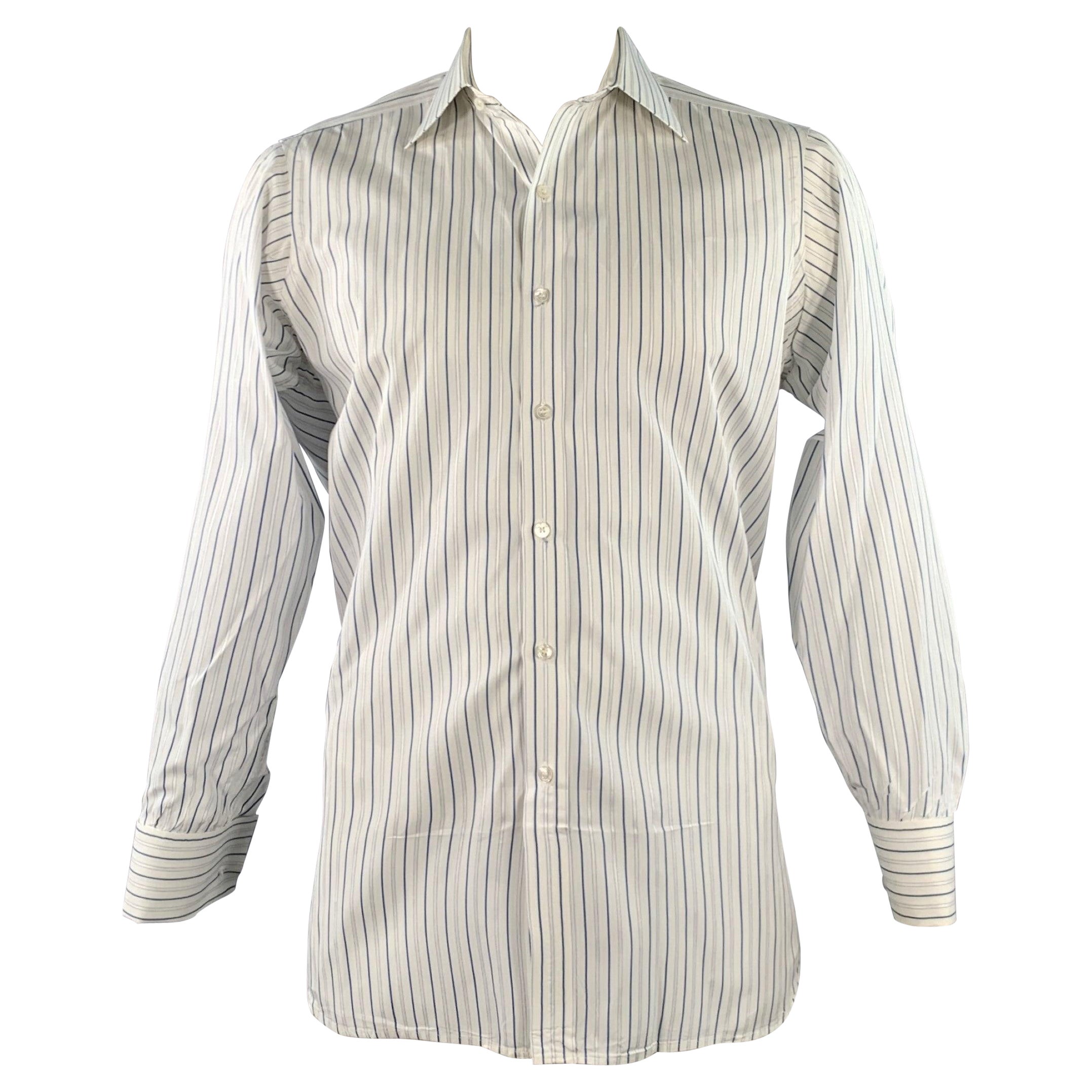 TURNBULL & ASSER Vintage Size L White Blue Stripe Cotton French Cuff Long Sleeve Shirt (Chemise à manches longues en coton à rayures blanches et bleues)