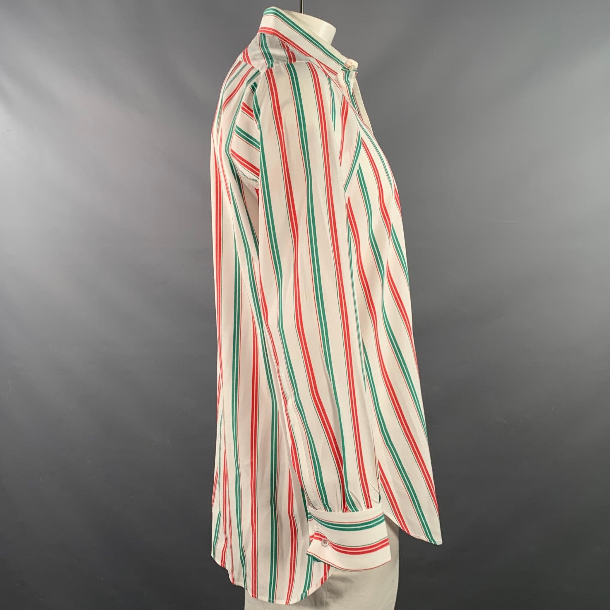 TURNBULL & ASSER Vintage Größe L Weiß Grün Rot Gestreift Baumwolle Französisch Manschette Langarmhemd (Beige) im Angebot