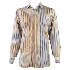 TURNBULL & ASSER Vintage Talla L Camisa de manga larga blanca de rayas multicolores de algodón con puño francés