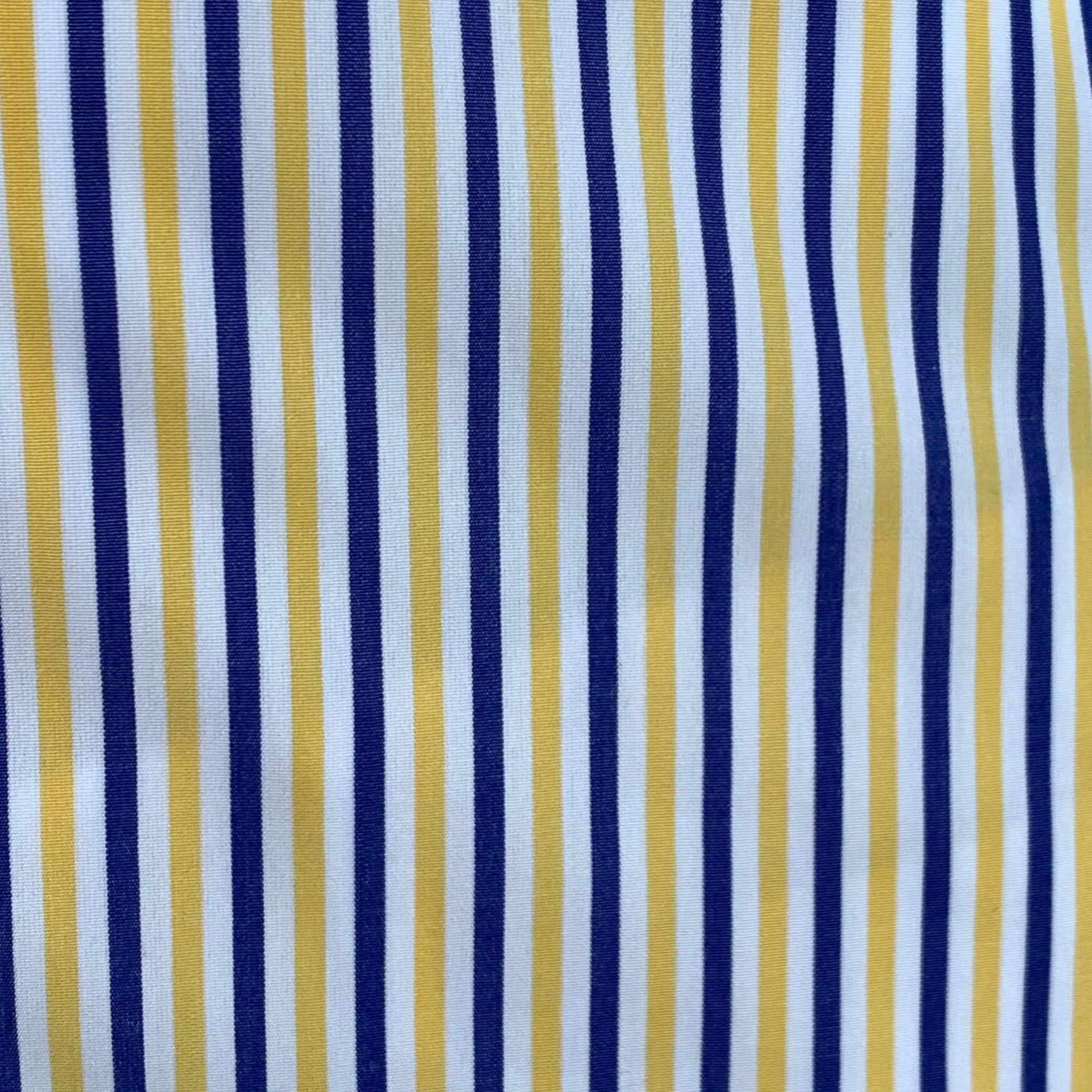 Vintage TURNBULL & ASSER Langarmhemd aus weißem Baumwollgewebe mit marineblau-gelbem Streifenmuster, französischen Manschetten und Knopfverschluss. Wird mit einem Paar einfacher Manschettenknöpfe geliefert. Made in UK.Excellent Pre-Owned Condition.