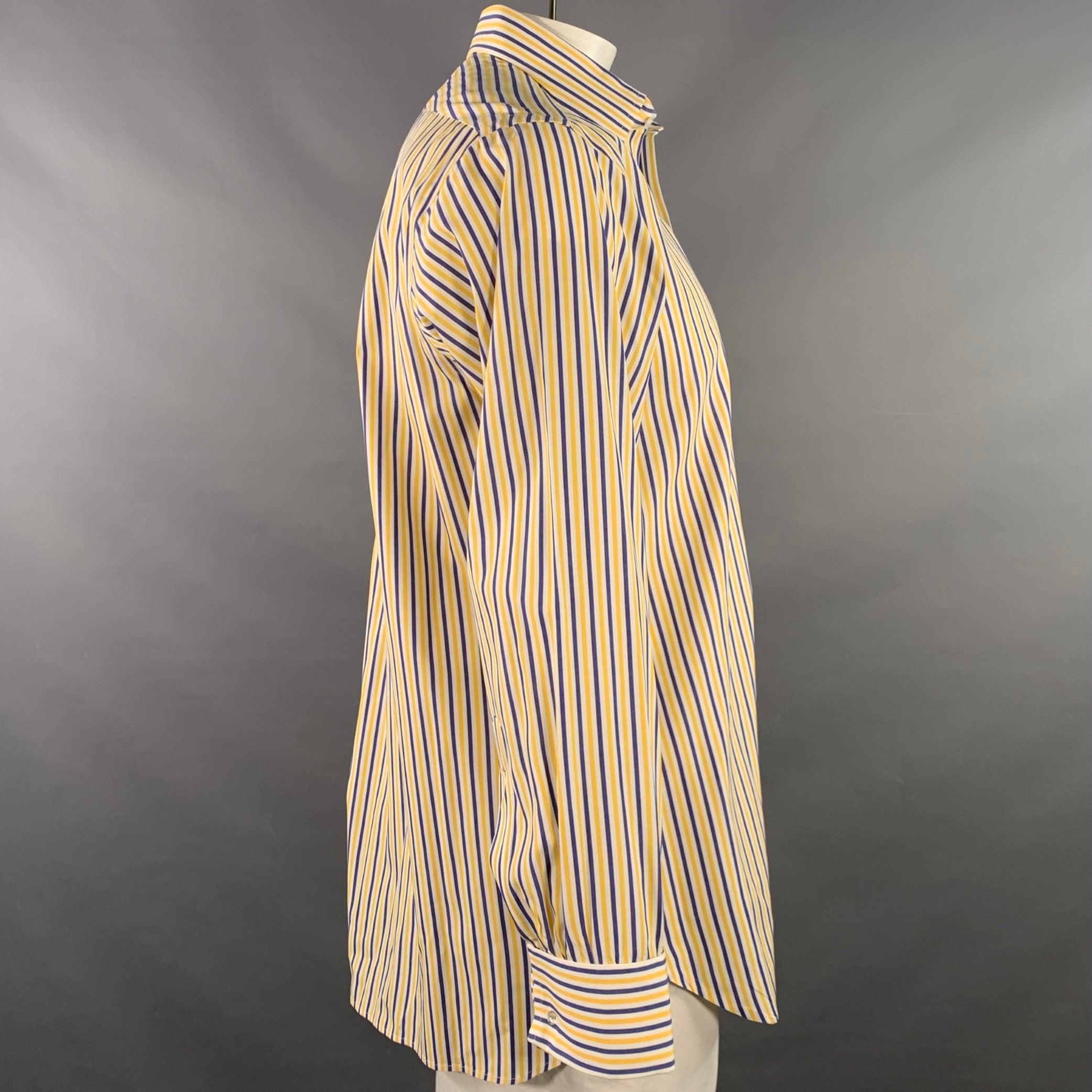 TURNBULL & ASSER Vintage Größe L Weiß-Marine-Gelb gestreift Baumwolle Französisch Manschette Langarmhemd (Beige) im Angebot