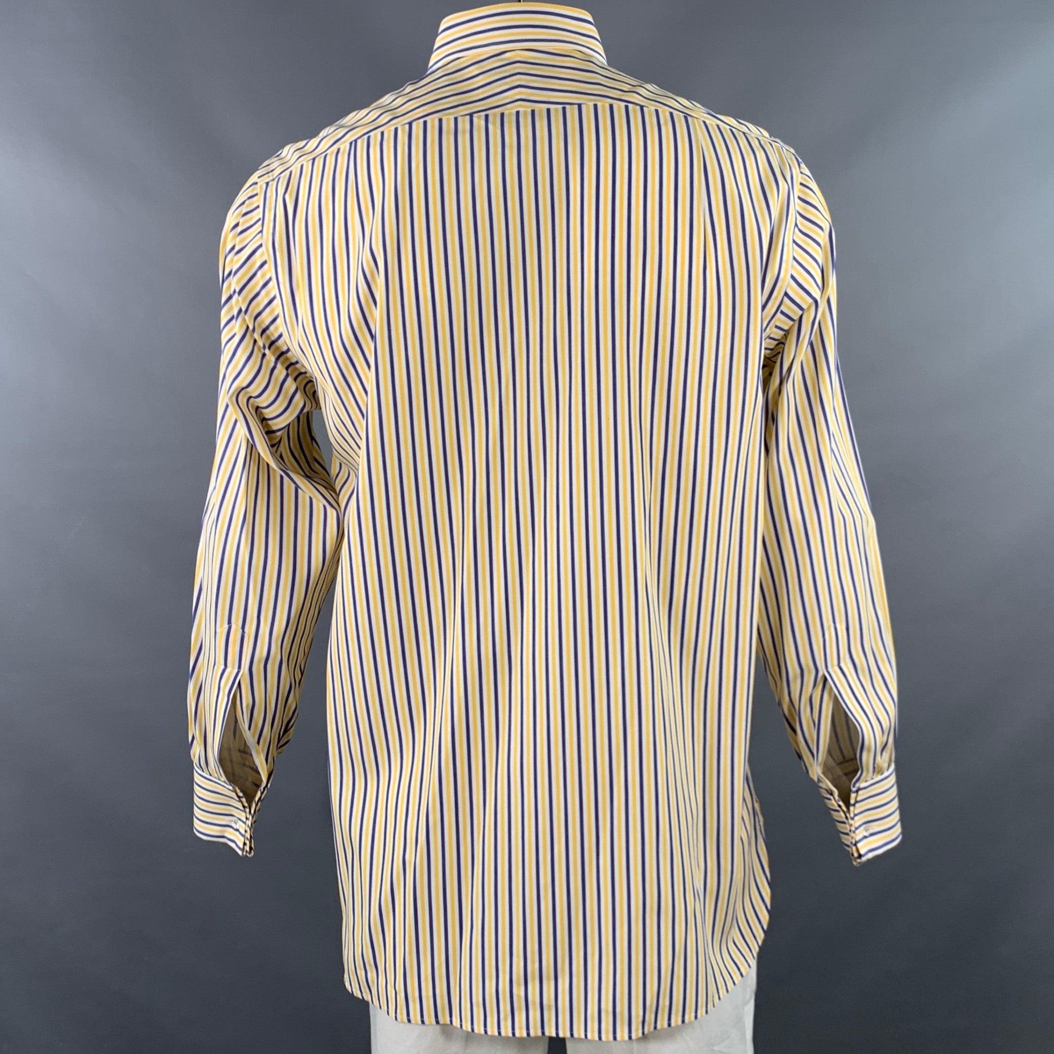 TURNBULL & ASSER Vintage Größe L Weiß-Marine-Gelb gestreift Baumwolle Französisch Manschette Langarmhemd Herren im Angebot