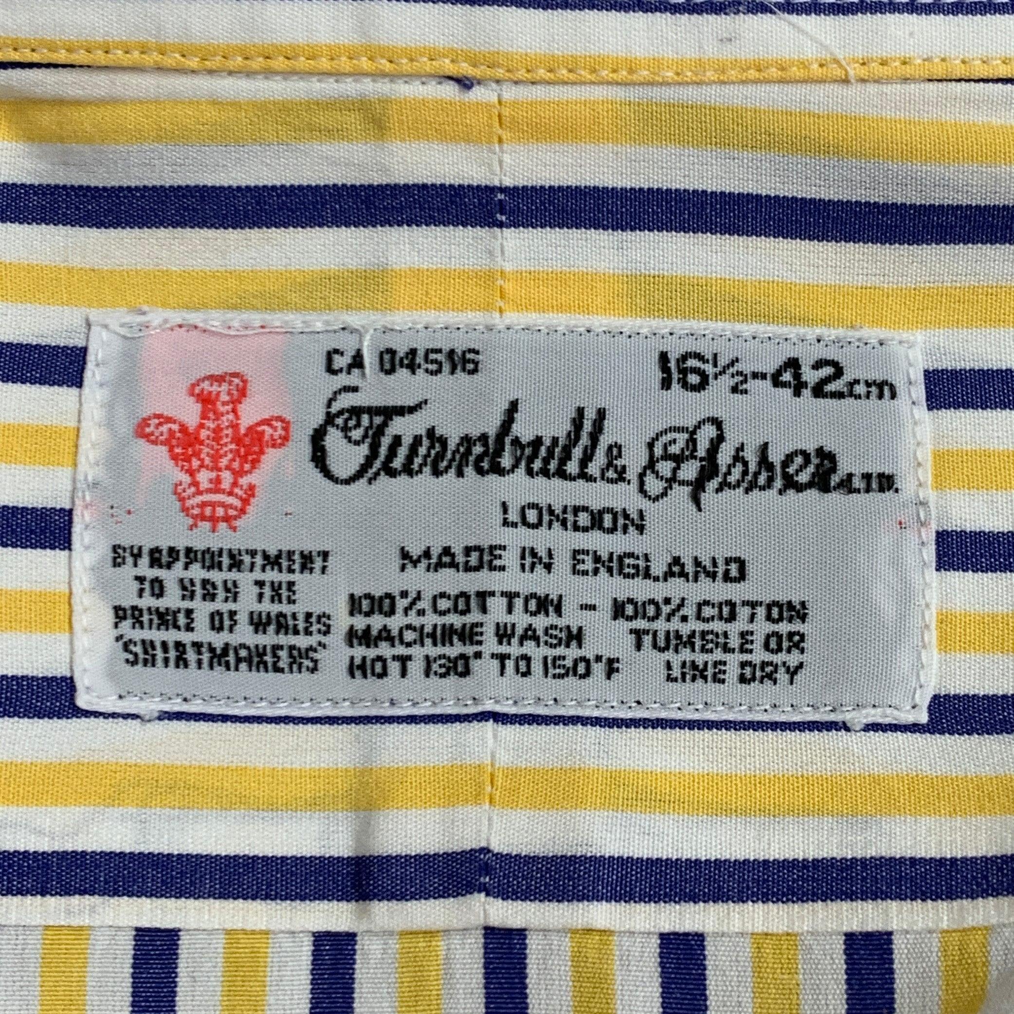 TURNBULL & ASSER Vintage Größe L Weiß-Marine-Gelb gestreift Baumwolle Französisch Manschette Langarmhemd im Angebot 1