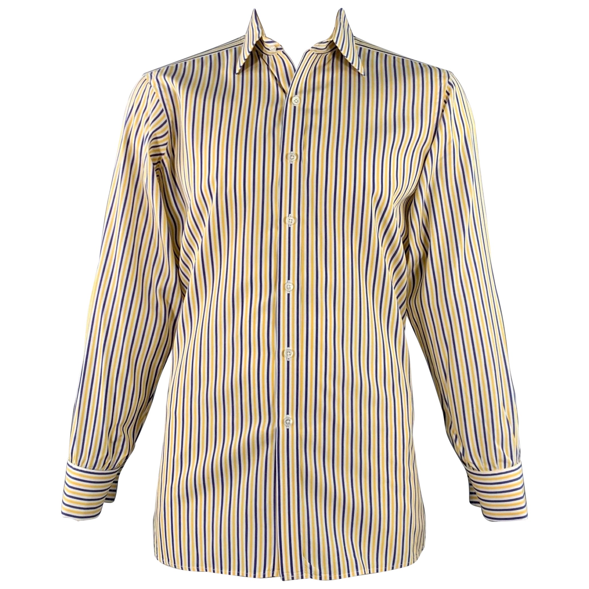 TURNBULL & ASSER Vintage Size L White Navy Yellow Stripe Cotton French Cuff Long Sleeve Shirt (Chemise à manches longues en coton à rayures blanches, marines et jaunes)