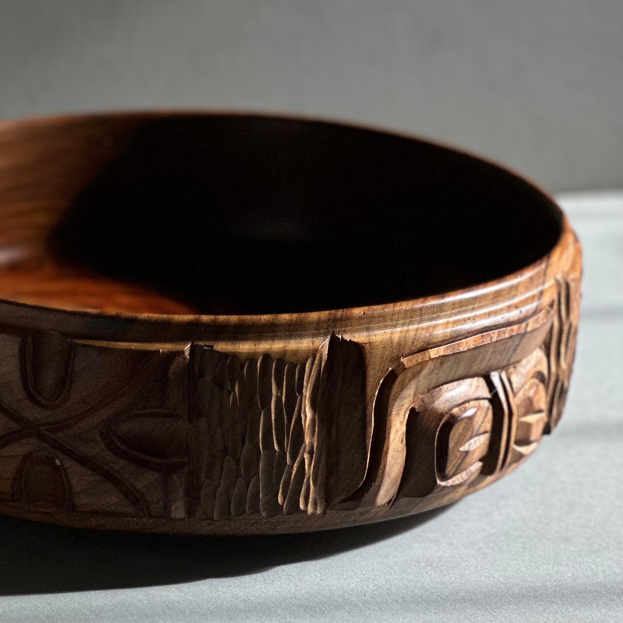 Turned and Hand Carved Exotic Wood Bowl After Leroy Setziol For Sale 6