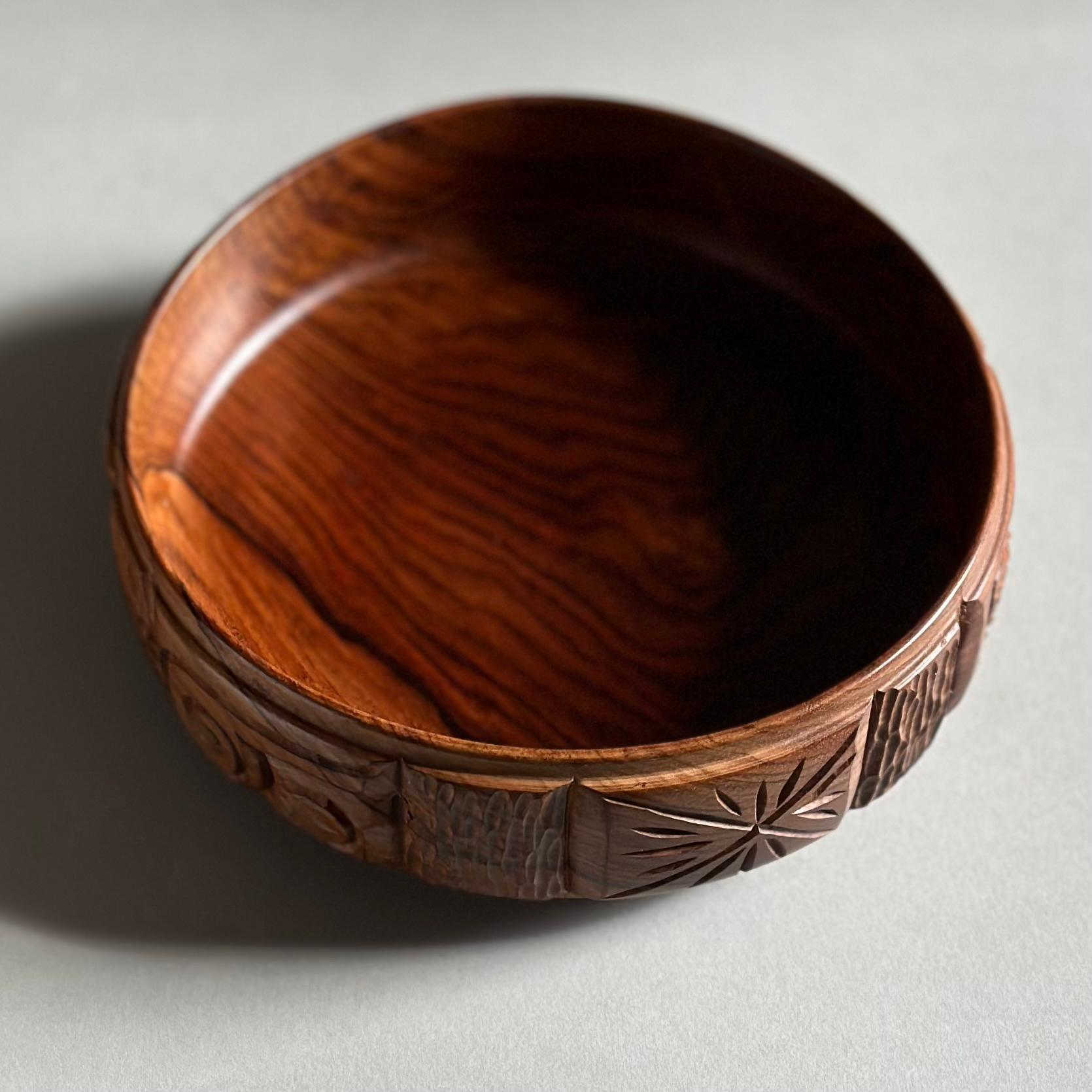 Turned and Hand Carved Exotic Wood Bowl After Leroy Setziol For Sale 1