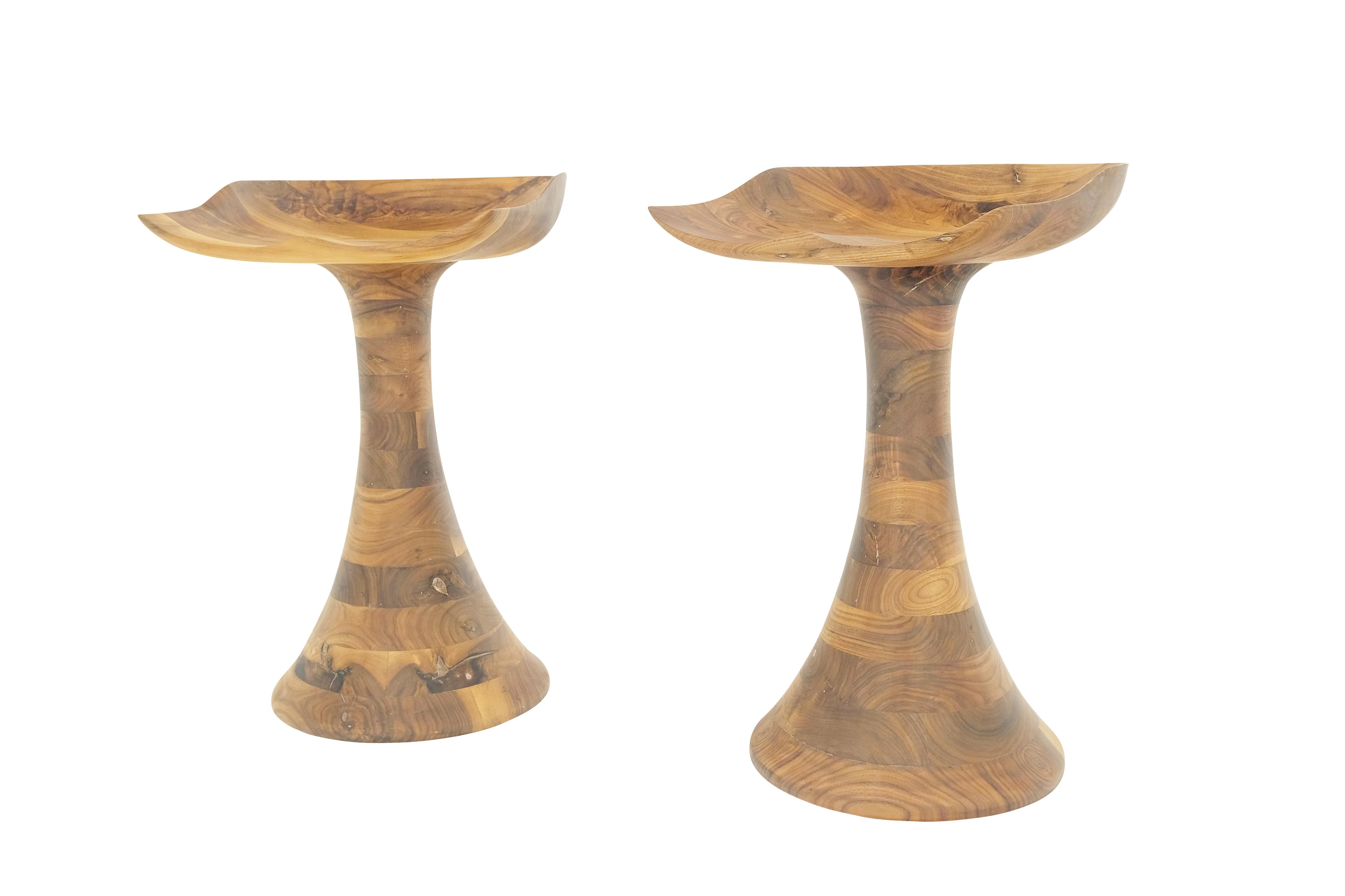 Turned Bases Carved Seat Solid Oiled Walnut Bar Stools  MINT! In Excellent Condition For Sale In Rockaway, NJ