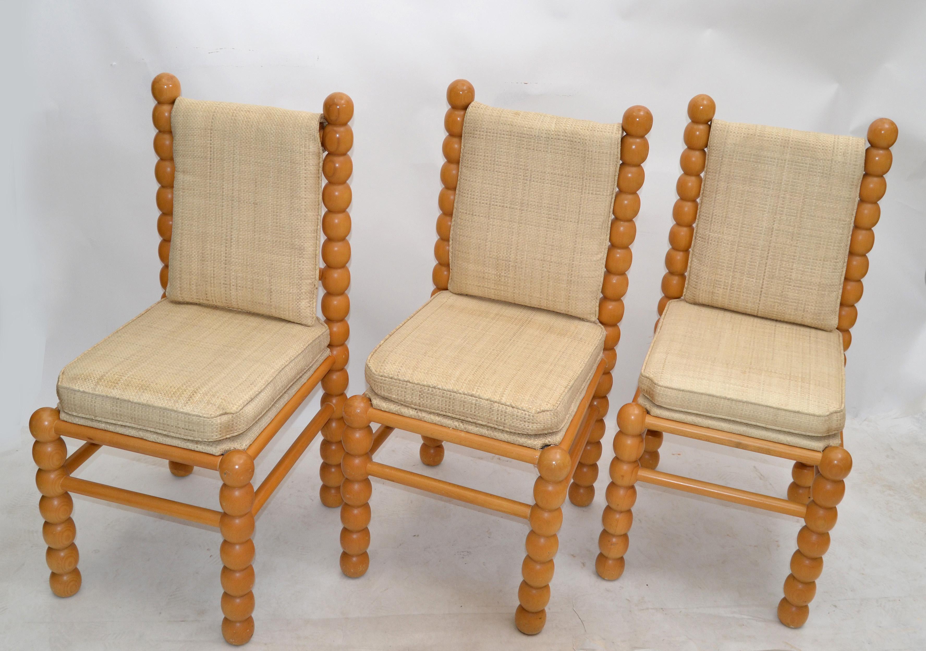 Turned Birch Wood & Fabric Upholstery Dining Chair Mid-Century Modern, Set of 3 For Sale 6