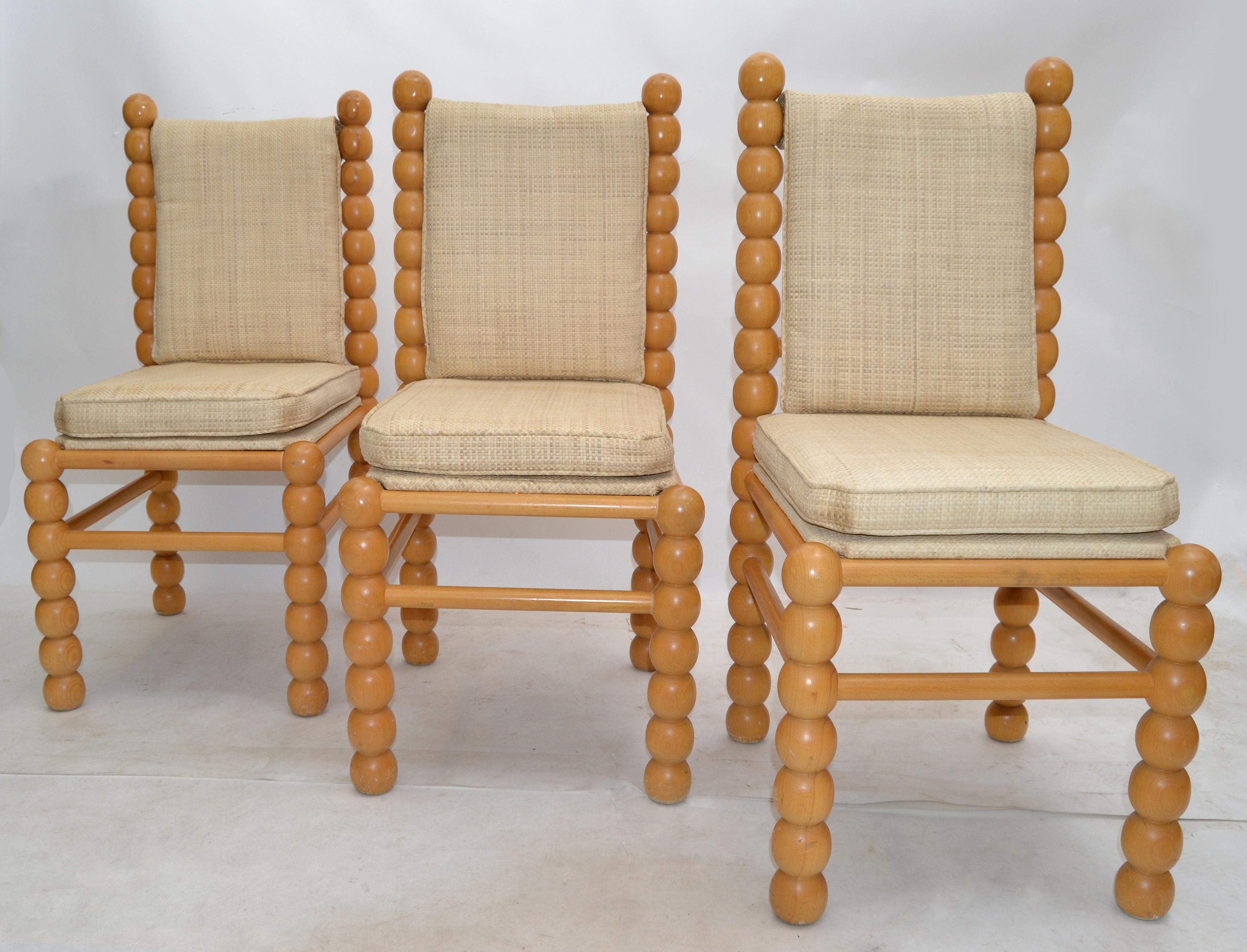 Turned Birch Wood & Fabric Upholstery Dining Chair Mid-Century Modern, Set of 3 In Good Condition For Sale In Miami, FL