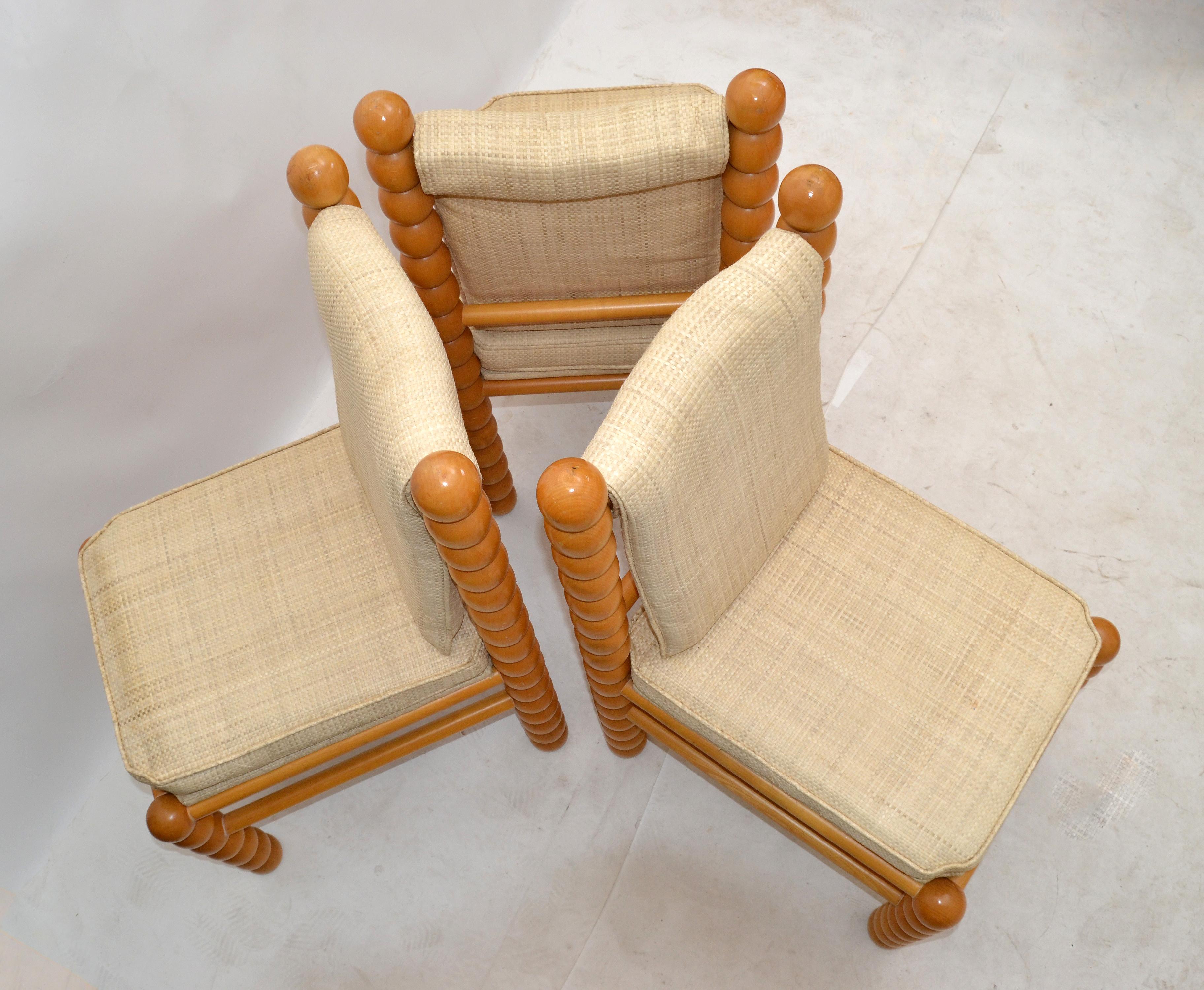 Late 20th Century Turned Birch Wood & Fabric Upholstery Dining Chair Mid-Century Modern, Set of 3 For Sale