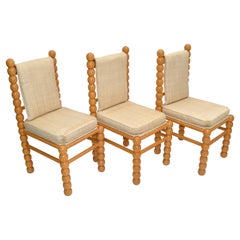 Turned Birch Wood & Fabric Upholstery Dining Chair Mid-Century Modern, Set of 3