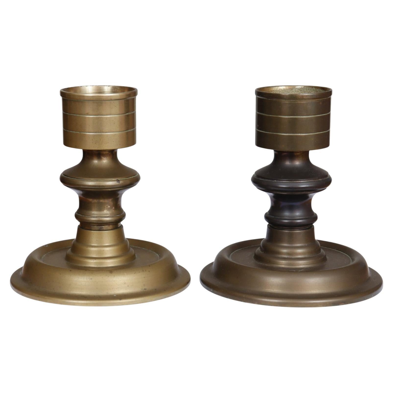 Turned Brass Chamber Stick Candle Holders, a Pair For Sale