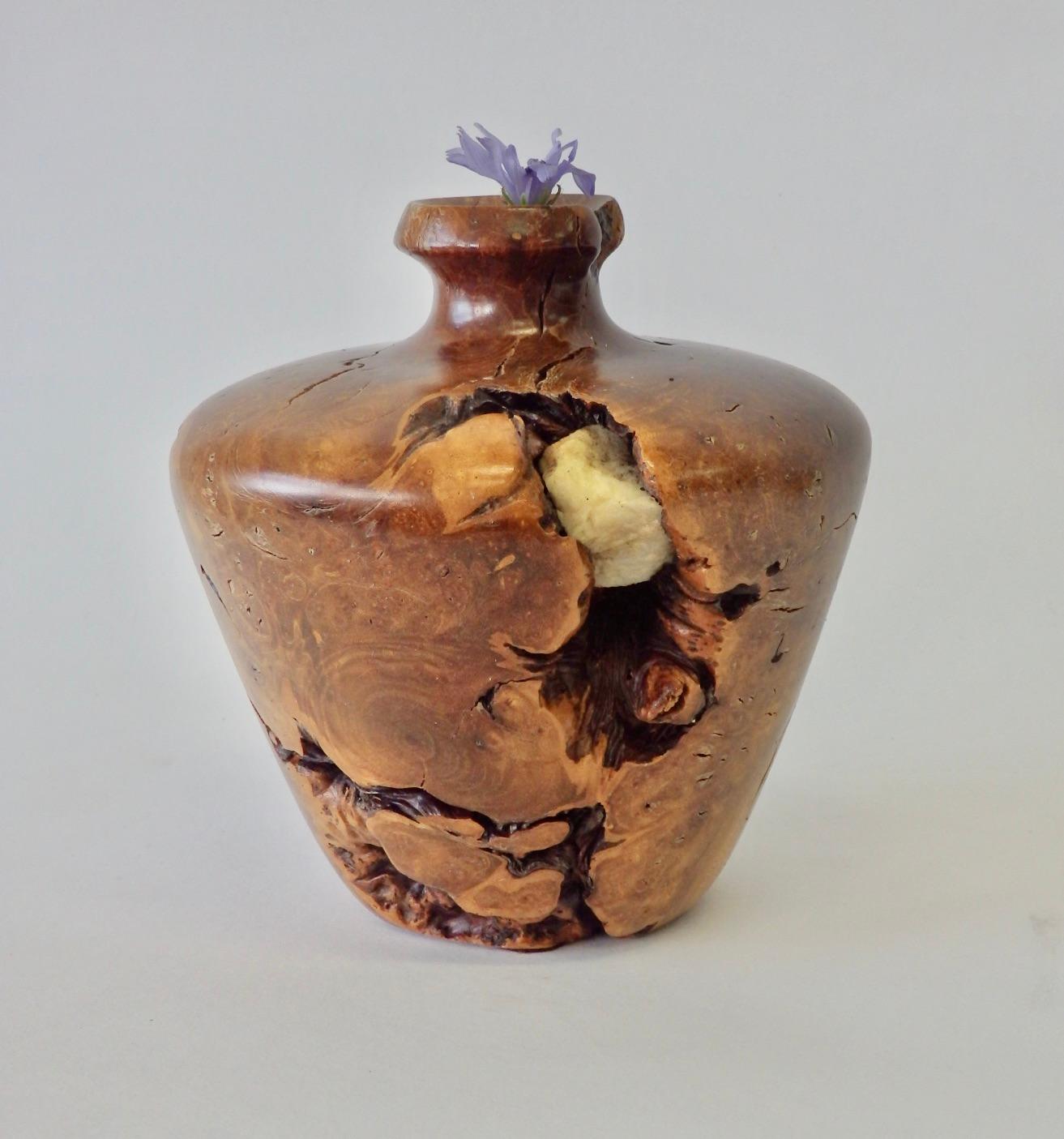 American Craftsman Turned Burl Wood Weed Pot with Quartz Stone Inclusion