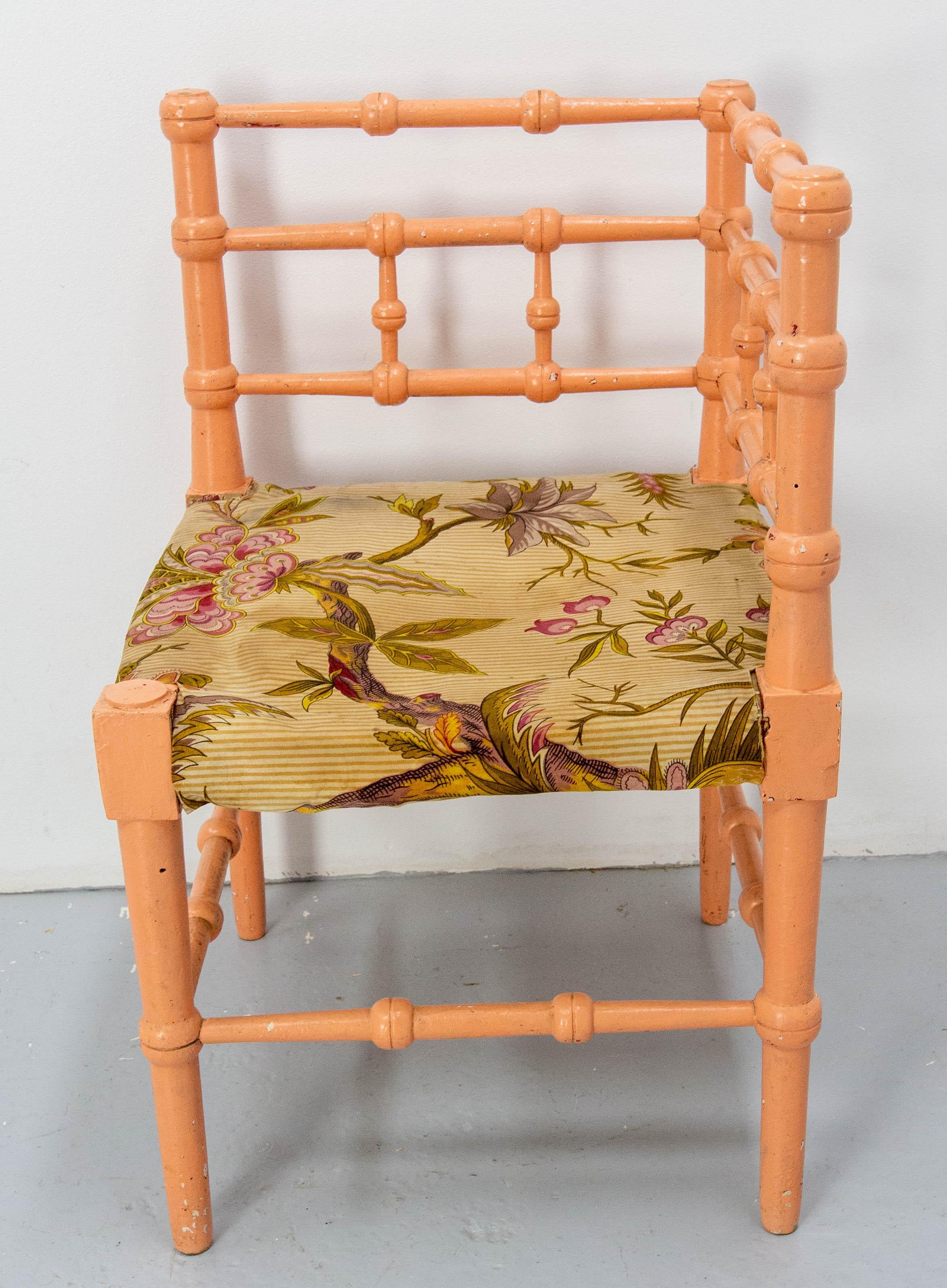 Wicker Turned Corner Chair for Child Painted Wood & Fabric French, 19th Century For Sale