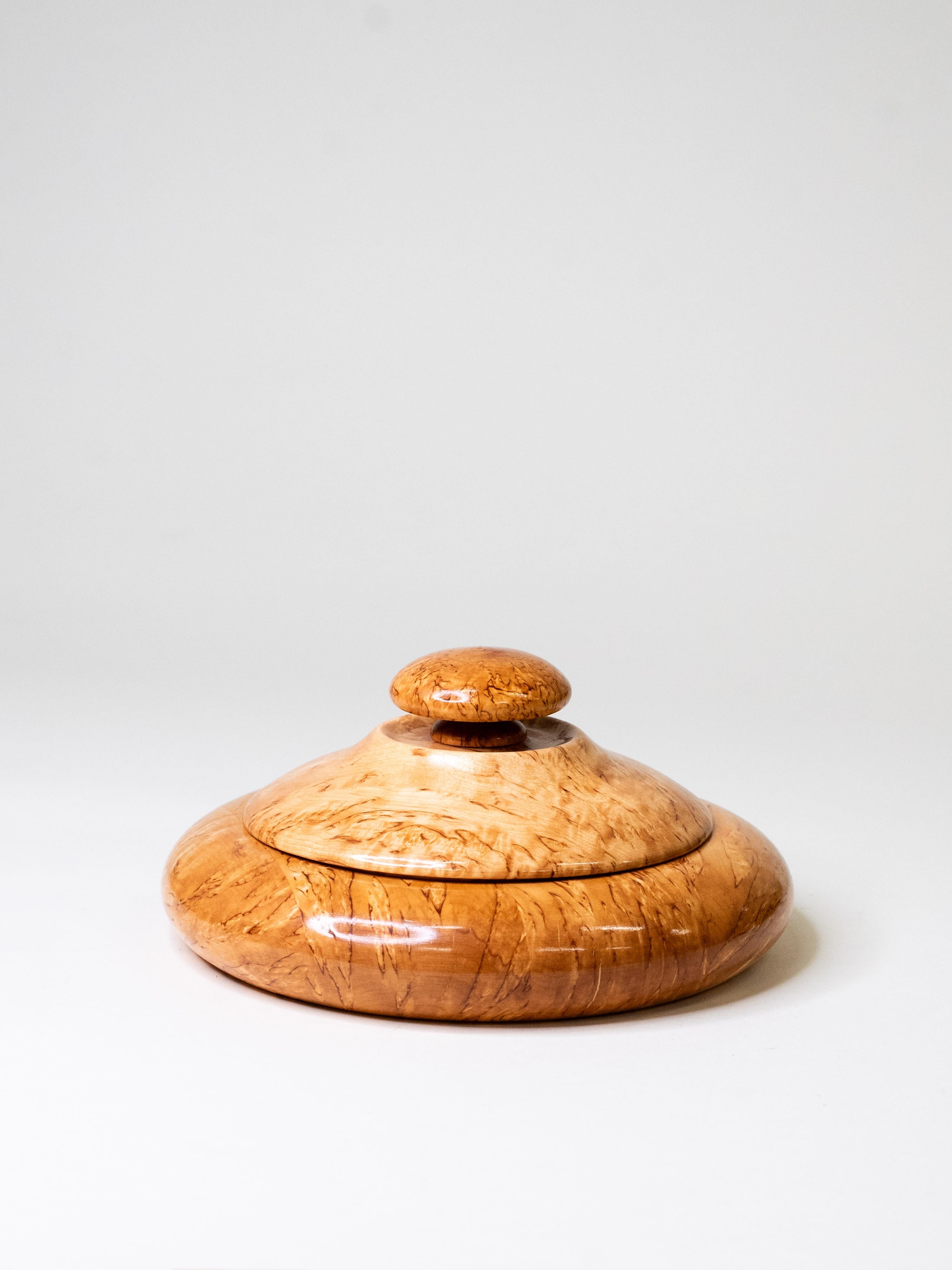 Finnish Turned Curly Birch Lidded Bowl, Finland, 1970s For Sale