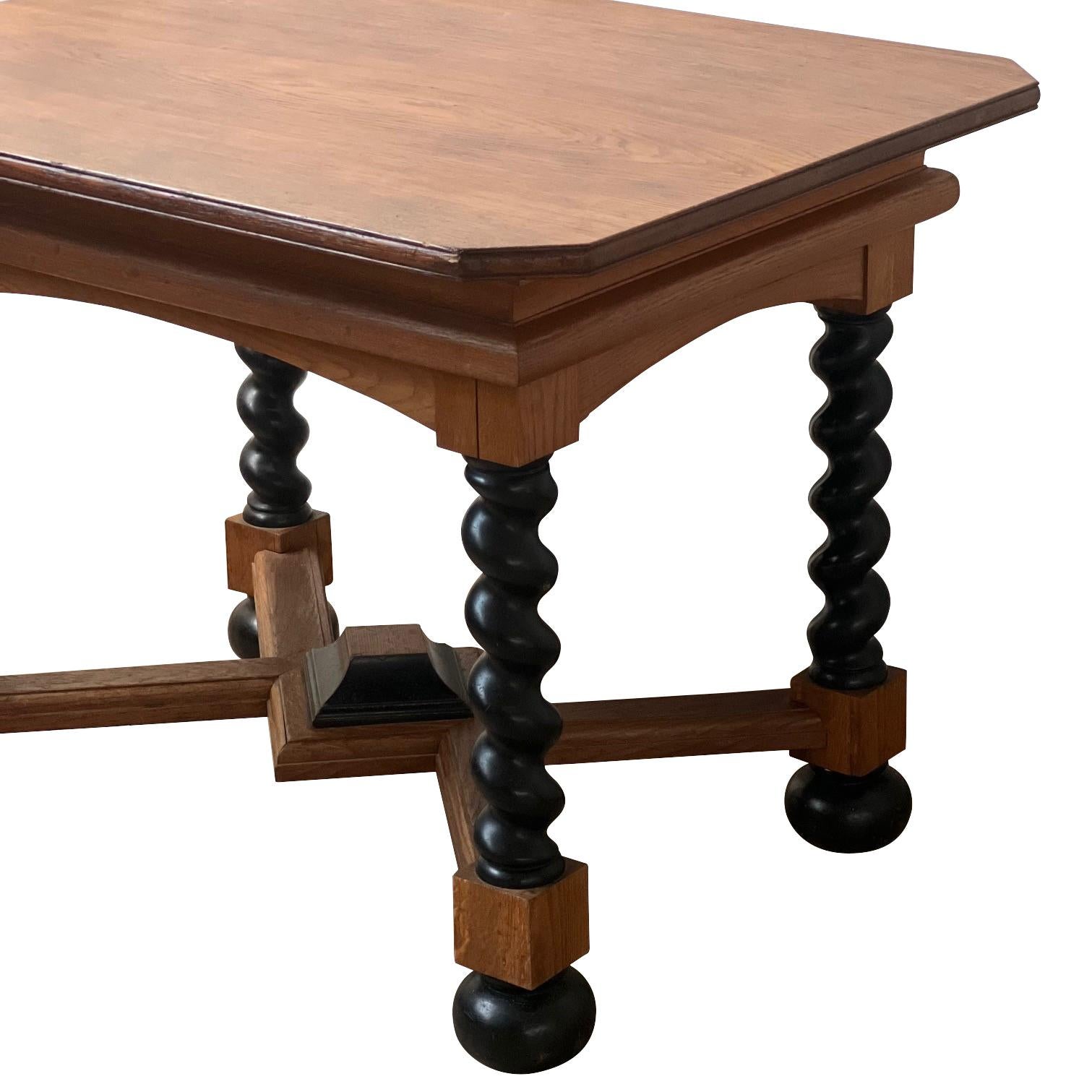 19th century Swedish ebonized turned leg center hall table.
Decorative unique finial at cross of stretchers.
Oak wood.
Ebonized doughnut shaped footing
Can also be used as a small dining or end table.
 