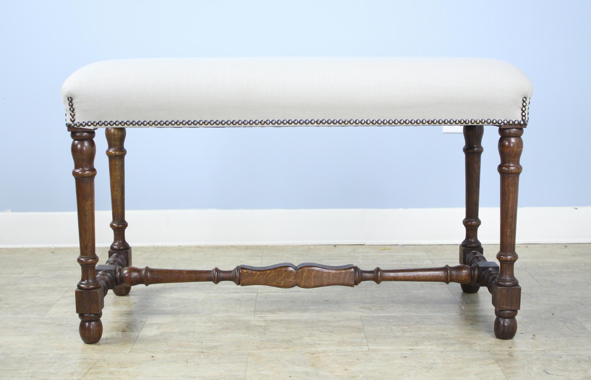 French Turned Leg Oak Bench with Stretcher Base