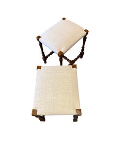 Turned Leg Pair Stools With Cornered Wood Detail, Italy, 19th Century