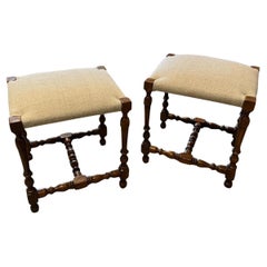 Turned Leg Pair Stools With Cornered Wood Detail, Italy, 19th Century