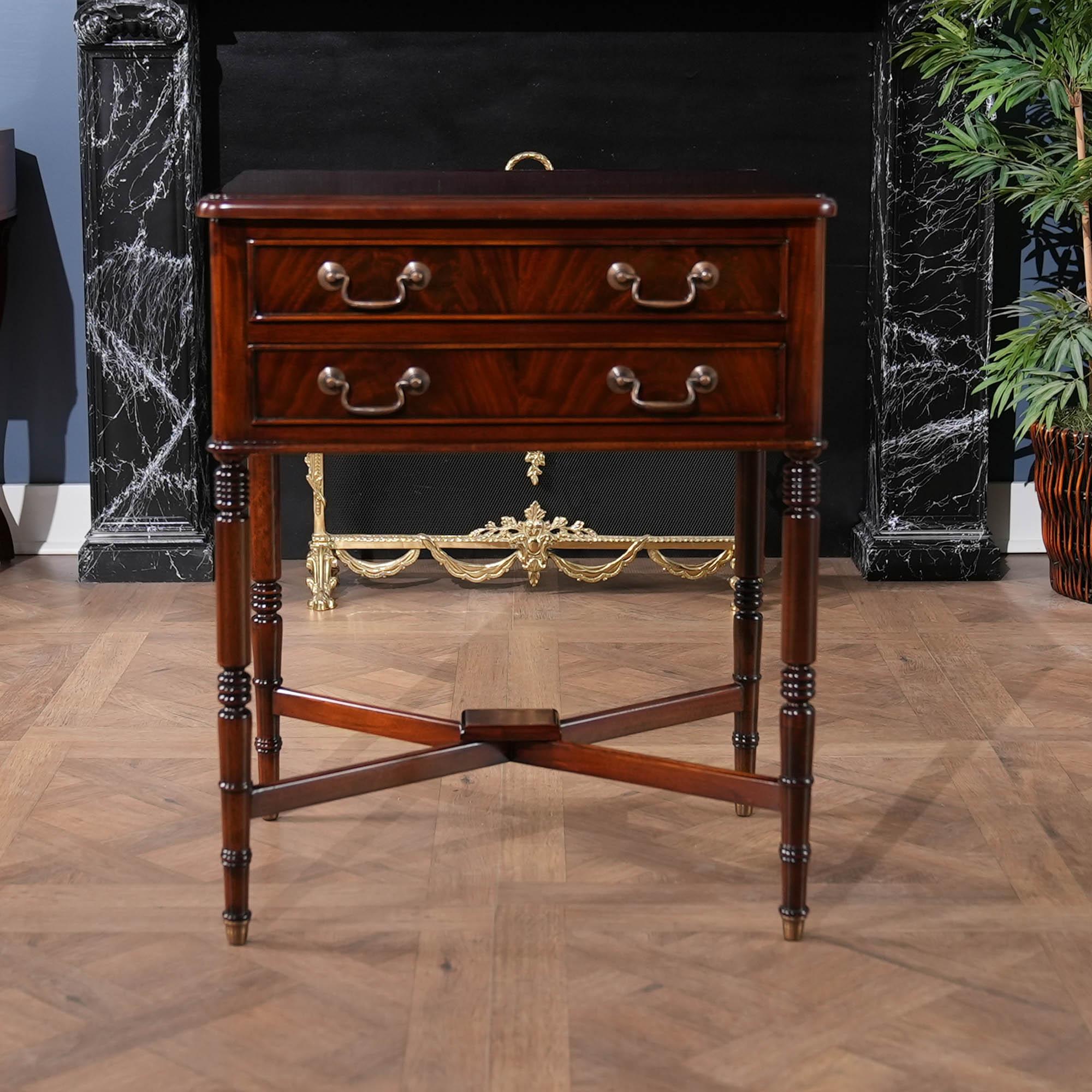 Our two drawer Mahogany Turned Leg Table is based on an antique English design. Our version is slightly larger than the original to allow for modern living spaces. Made from mahogany and mahogany veneers the Mahogany Turned Leg Table features