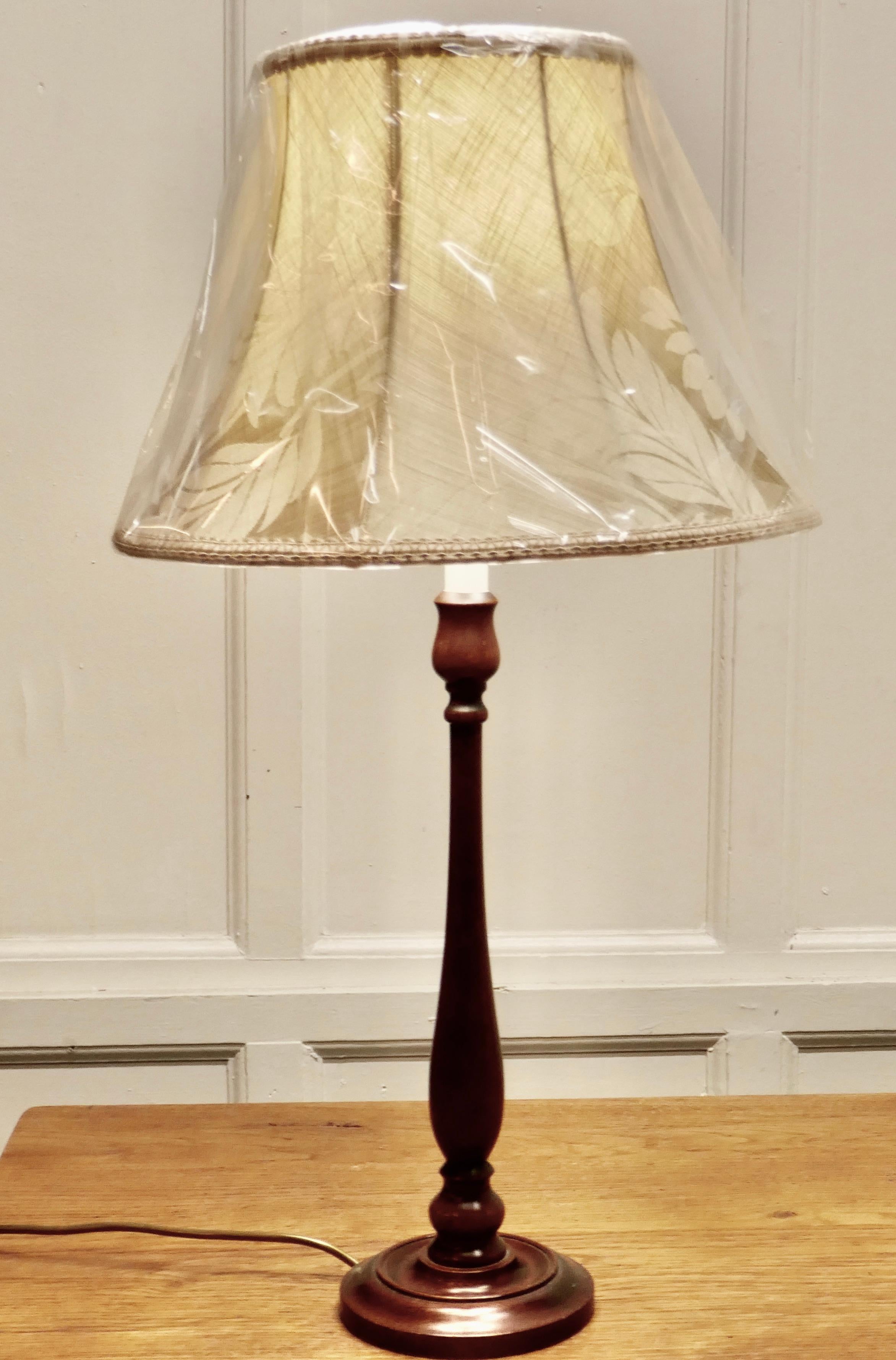 Turned mahogany table lamp

This is an attractive piece in polished mahogany, the lamp stands on a turned wooden base, the upright is lightly turned with a simulated candle at the top
The lamp comes with a new silk shade and is is in good working