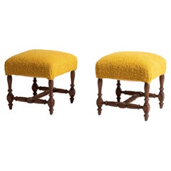 Turned Oak Stools in Boucle by Pierre Frey, France, circa 1900