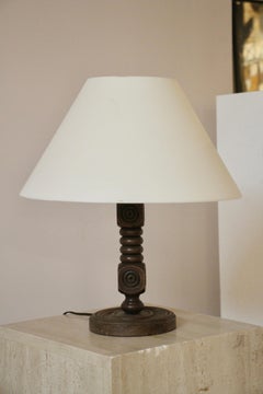 Turned Oak Table Lamp Attributed to Charles Dudouyt, France, 1940s