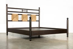 Turned Solid Wood Bed with Handwoven Rush Headboard by Costantini, Luigi, King
