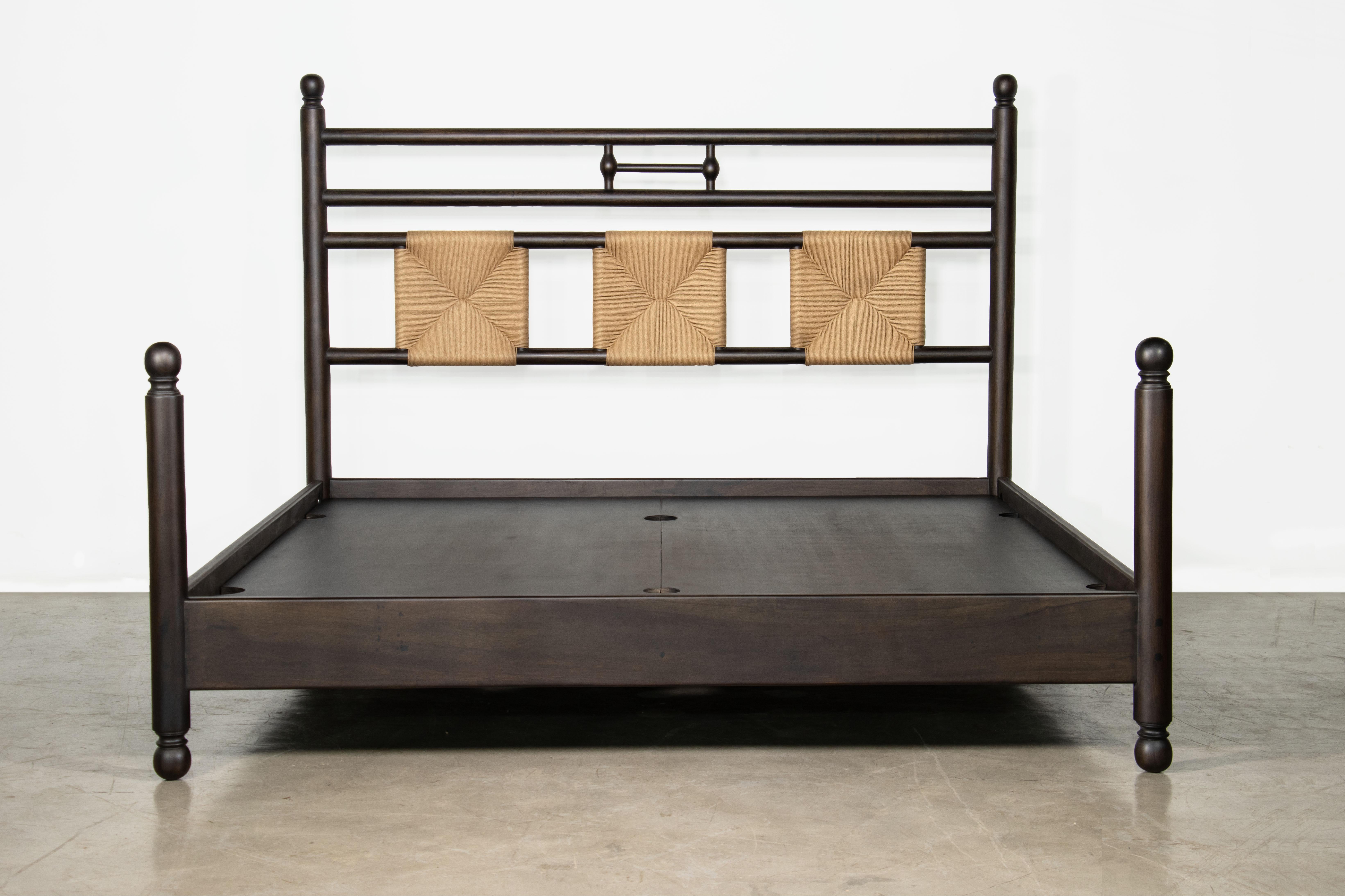 Modern Turned Solid Wood Bed with Handwoven Rush Headboard by Costantini, Luigi, King For Sale