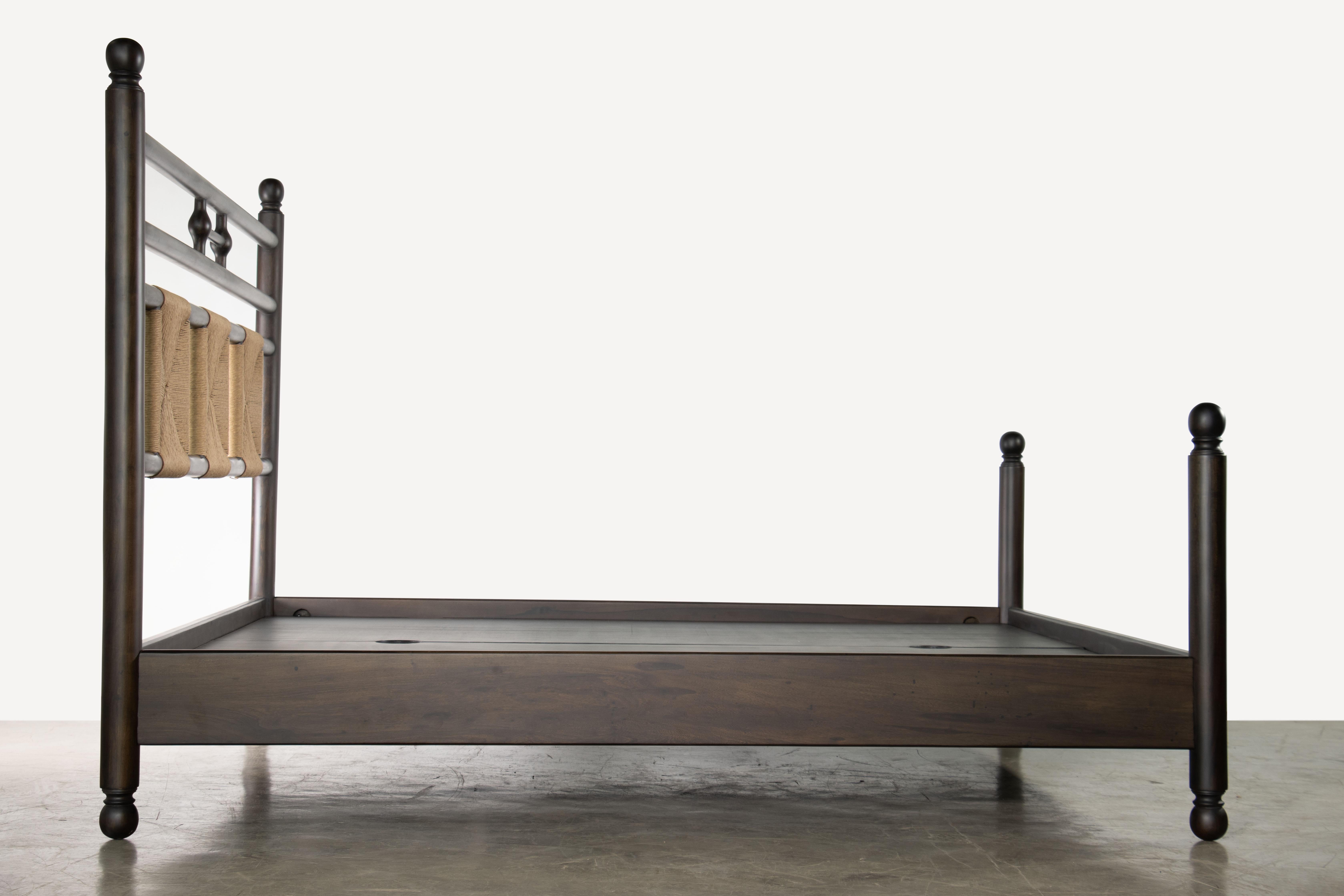 Argentine Turned Solid Wood Bed with Handwoven Rush Headboard by Costantini, Luigi, King For Sale