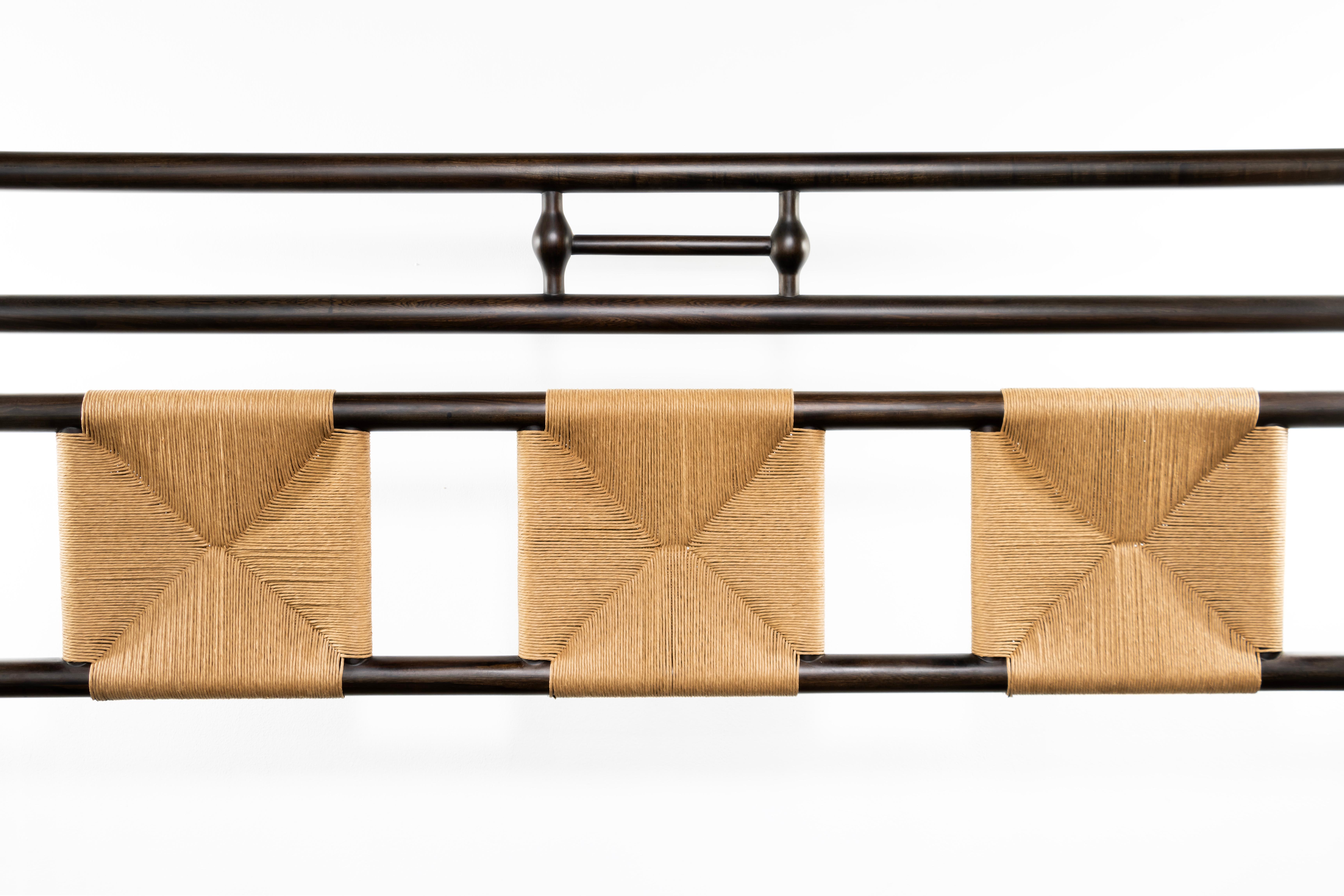 Turned Solid Wood Bed with Handwoven Rush Headboard by Costantini, Luigi, King In New Condition For Sale In New York, NY