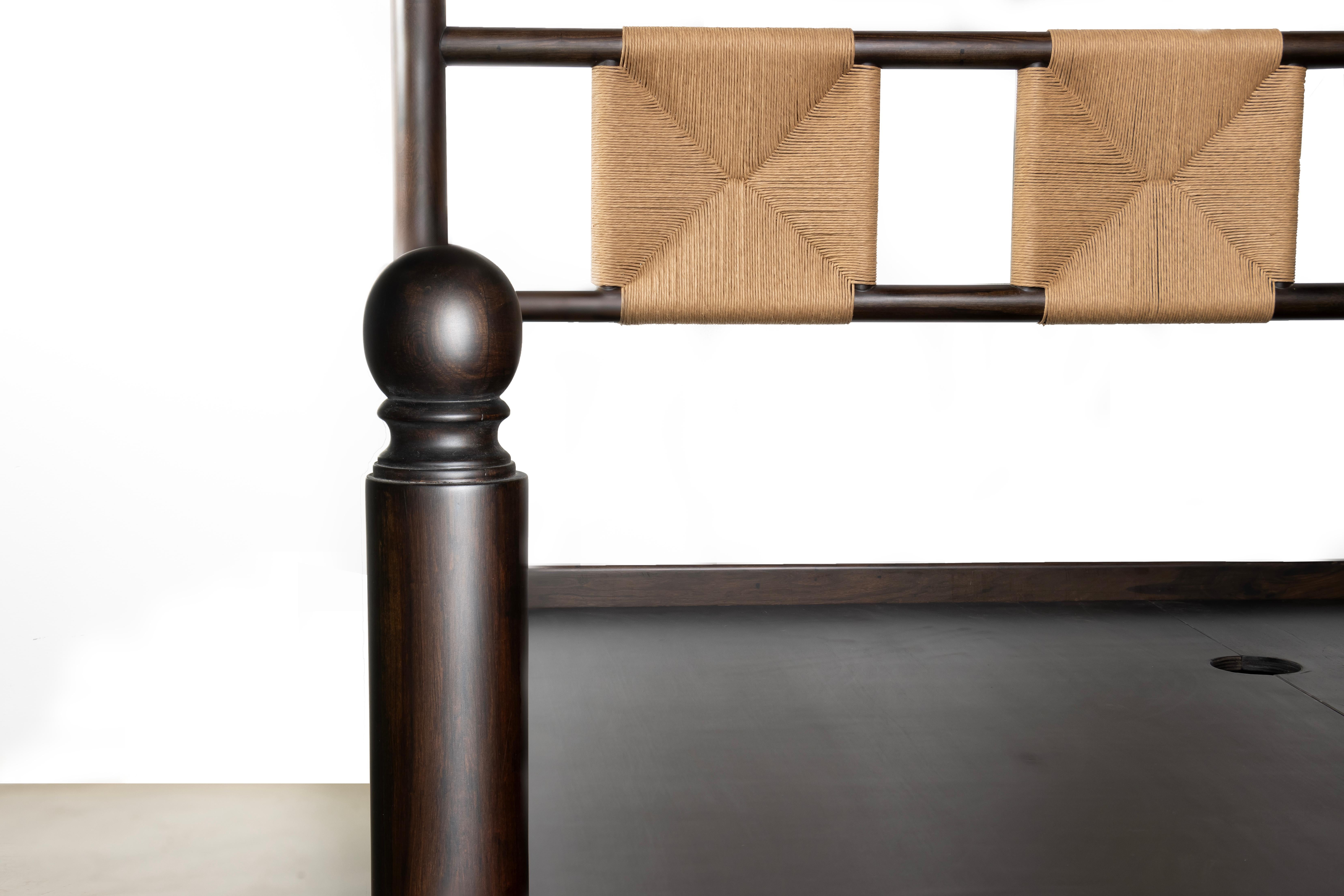 Contemporary Turned Solid Wood Bed with Handwoven Rush Headboard by Costantini, Luigi, King For Sale