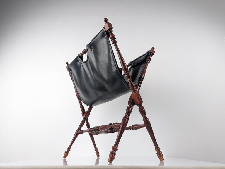 Turned Wood and Black Leather Folding Magazine Rack 1930s For Sale at ...