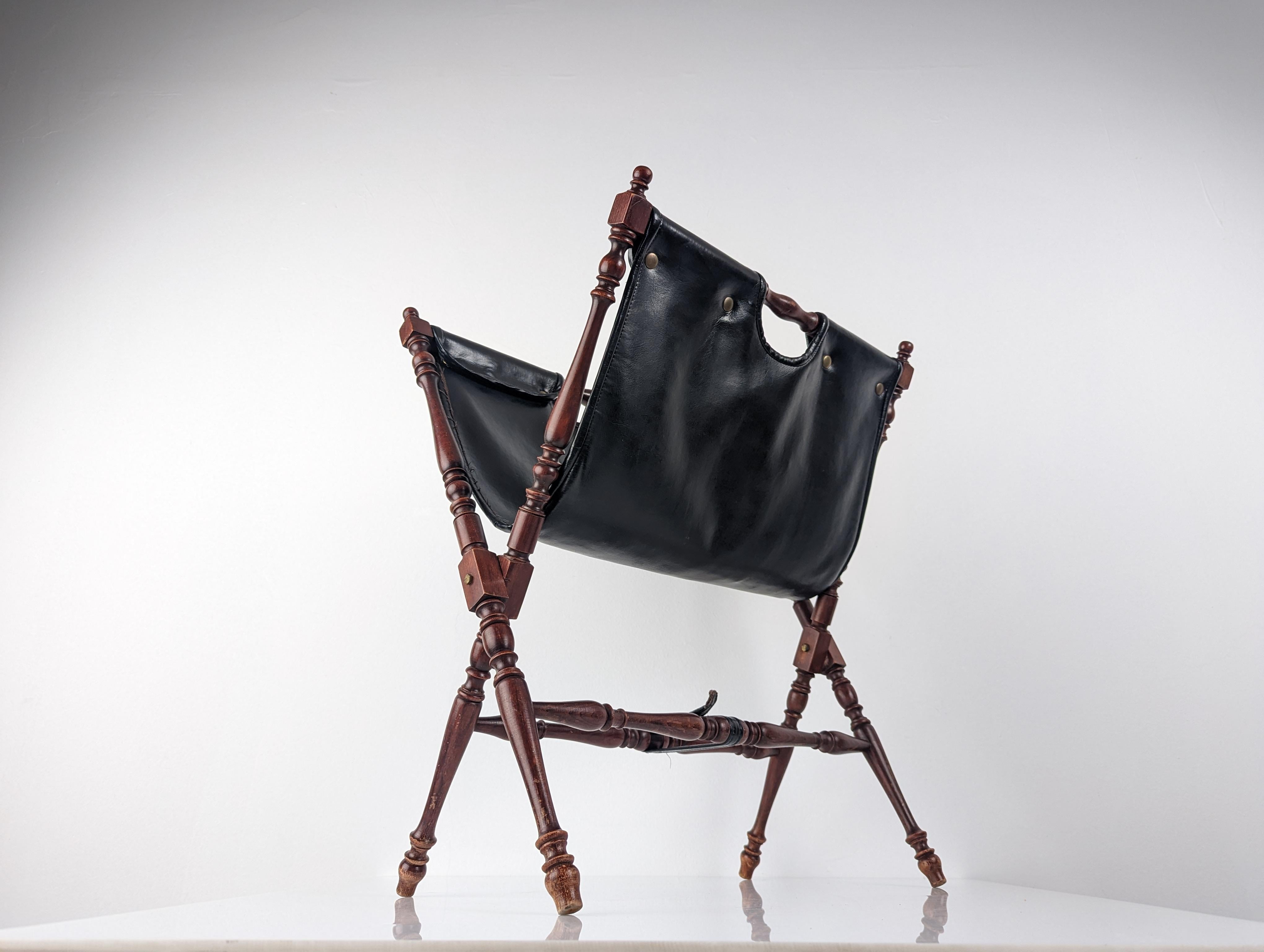 Mid-20th Century Turned Wood and Black Leather Folding Magazine Rack 1930s  For Sale