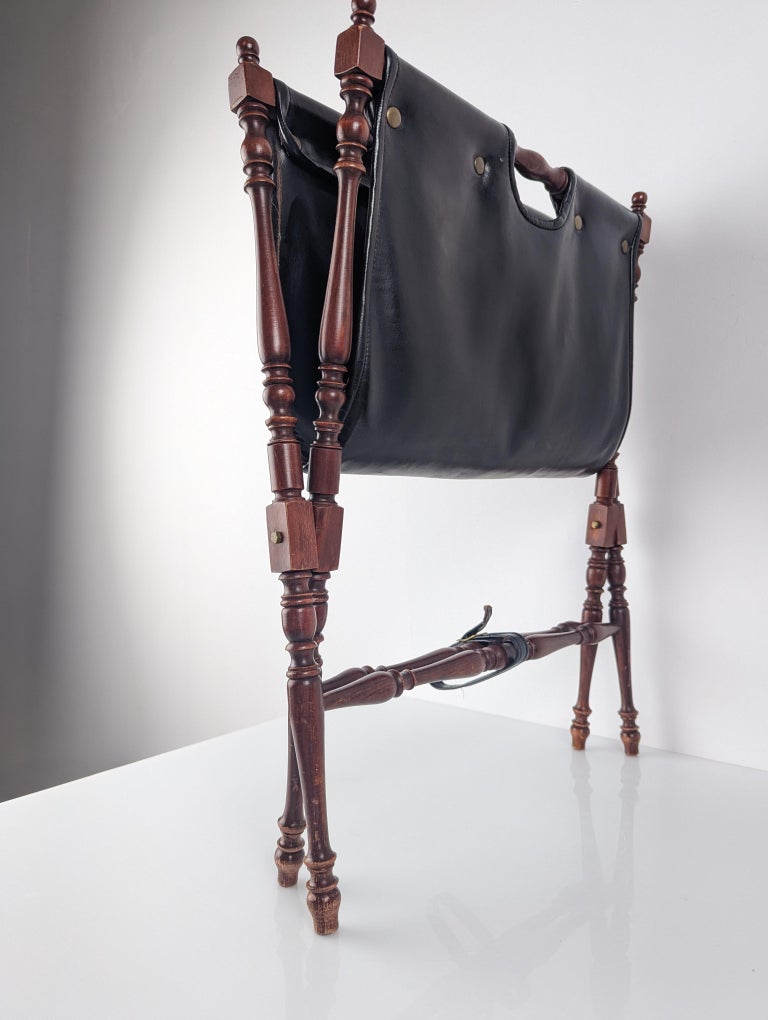Turned Wood and Black Leather Folding Magazine Rack 1930s For Sale at ...