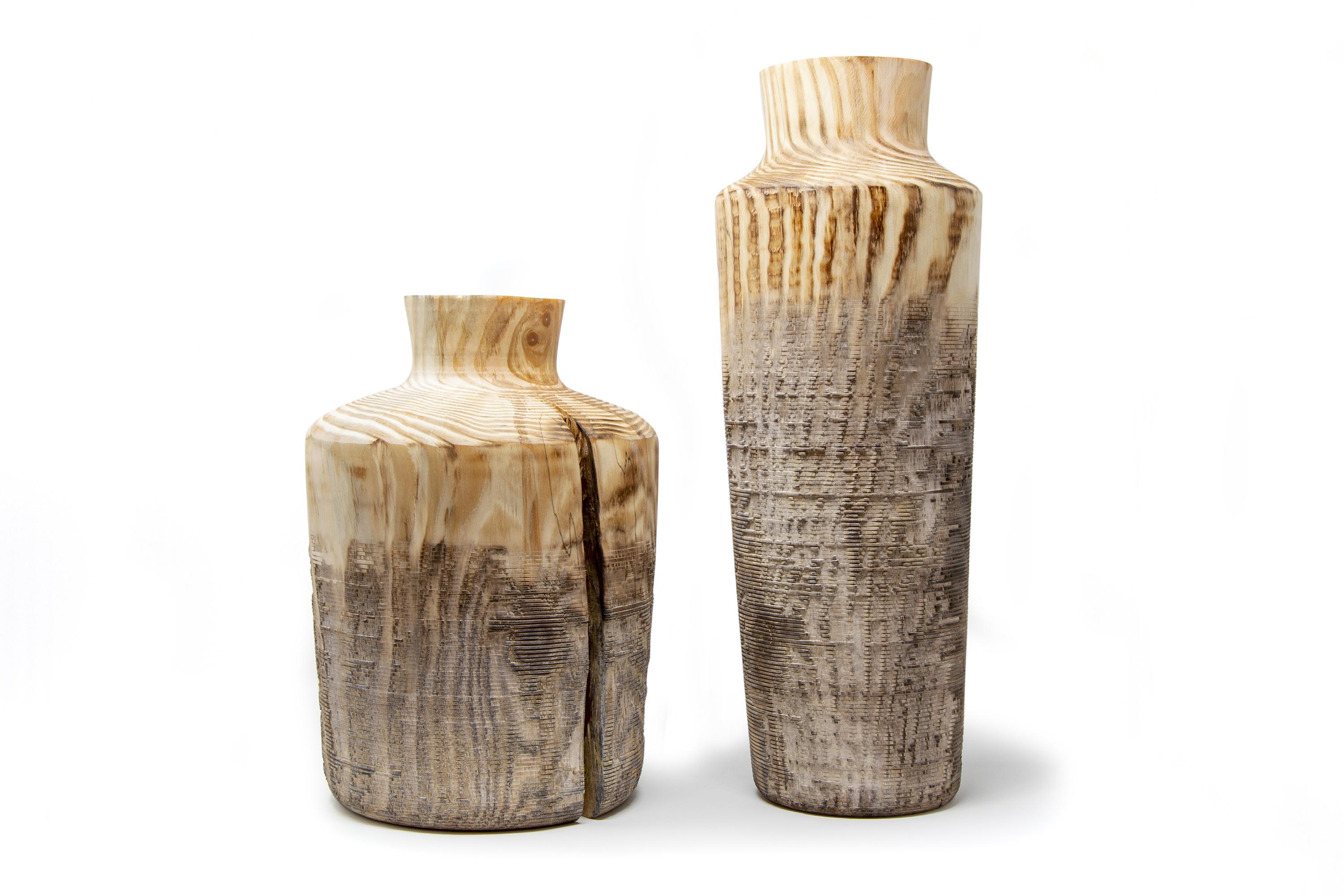 Italian Turned Wood Pine Vase 'Alberi Short' Made in Italy For Sale